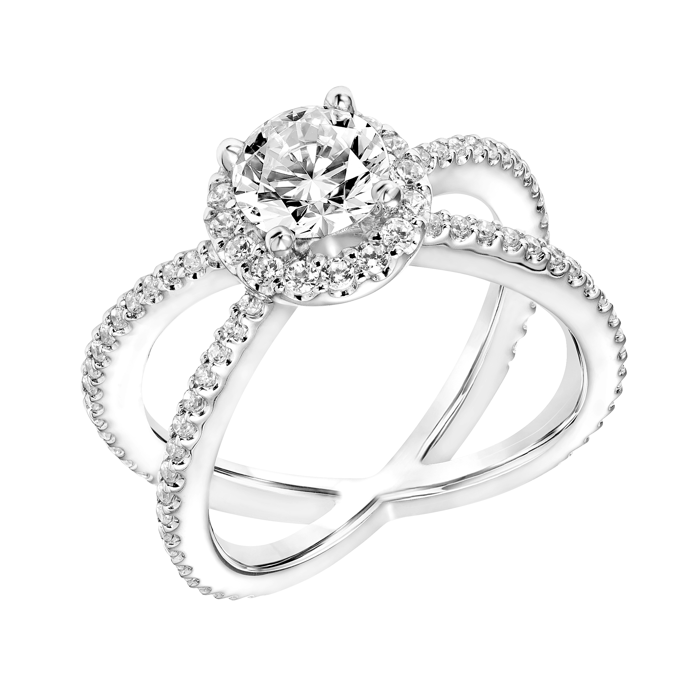 Diamond Princess Halo Engagement Ring  with  X Shape Diamond Shank