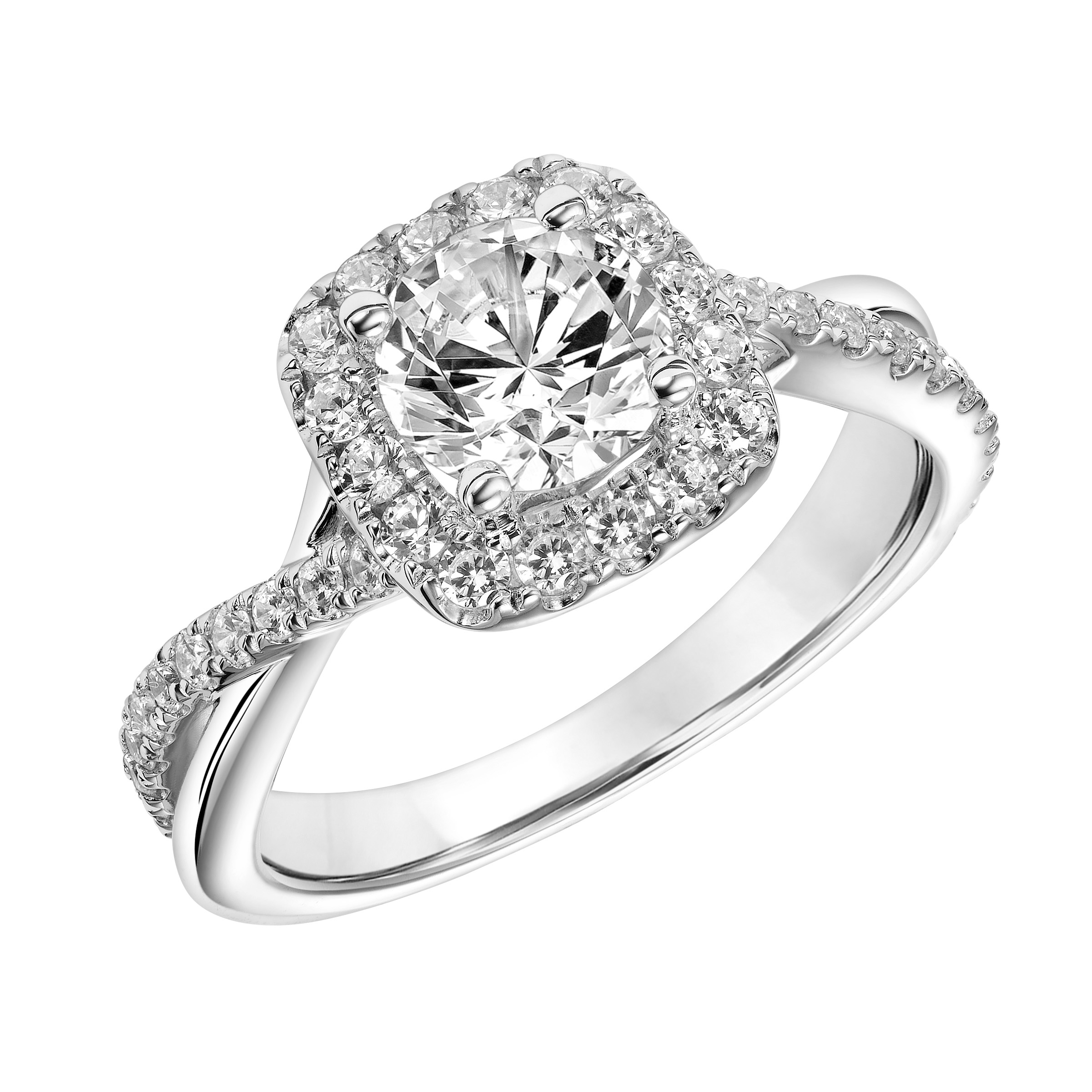 Diamond Halo Engagement Ring with Half Diamond Half Polished Shank