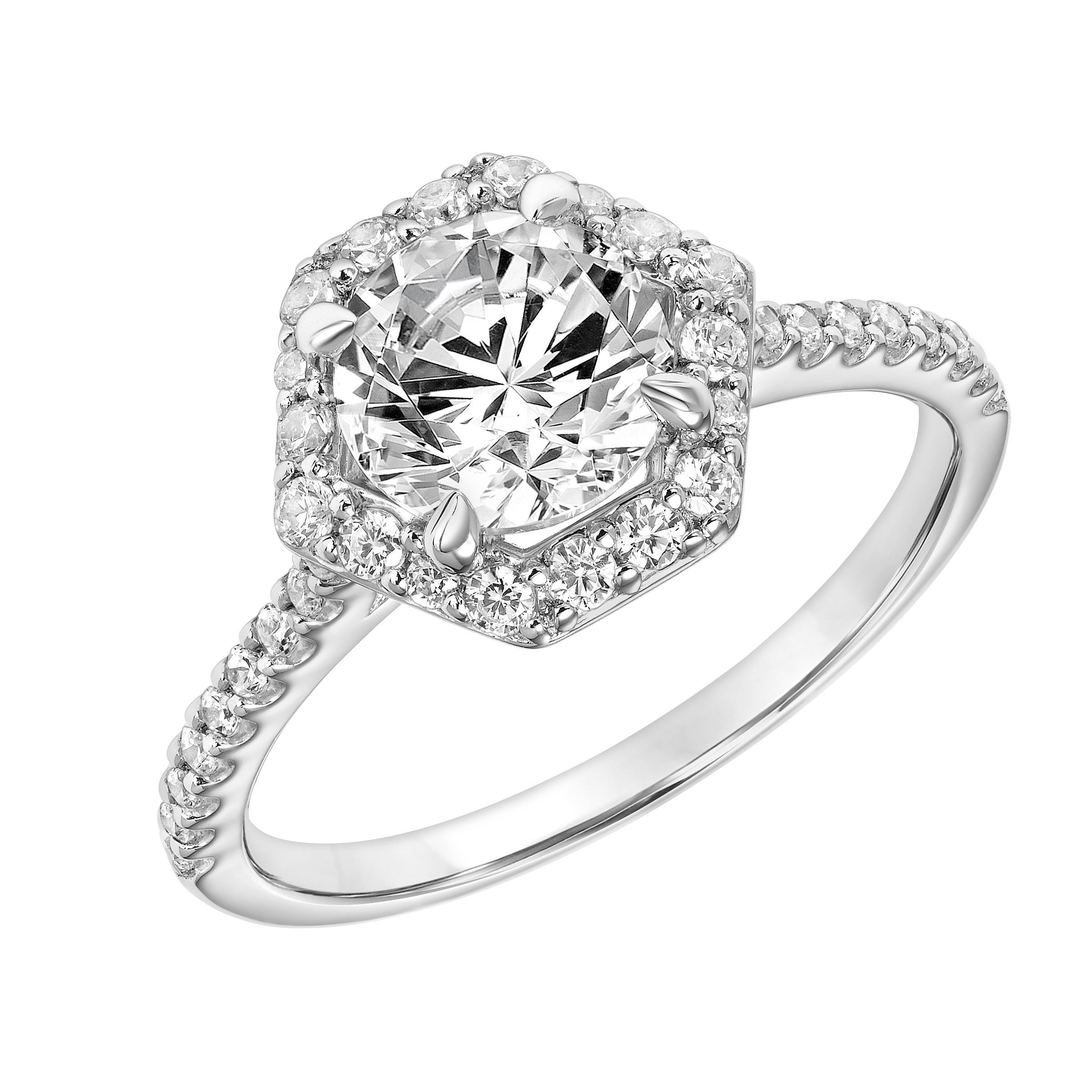 Contemporary Hexagon Halo Diamond Engagement Ring