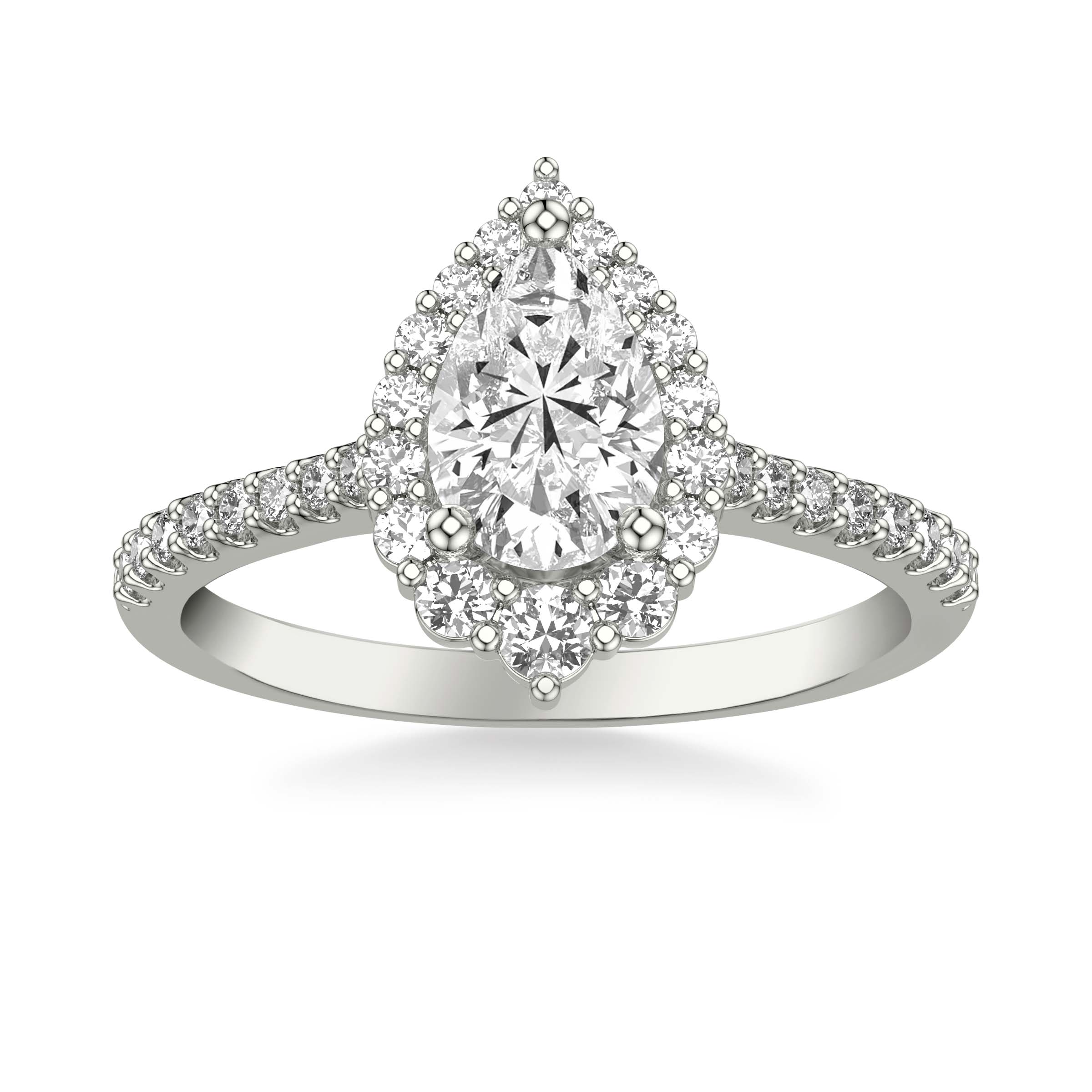 Classic Pear Diamond Halo Engagement Ring with Graduated Diamonds and Diamond Shank