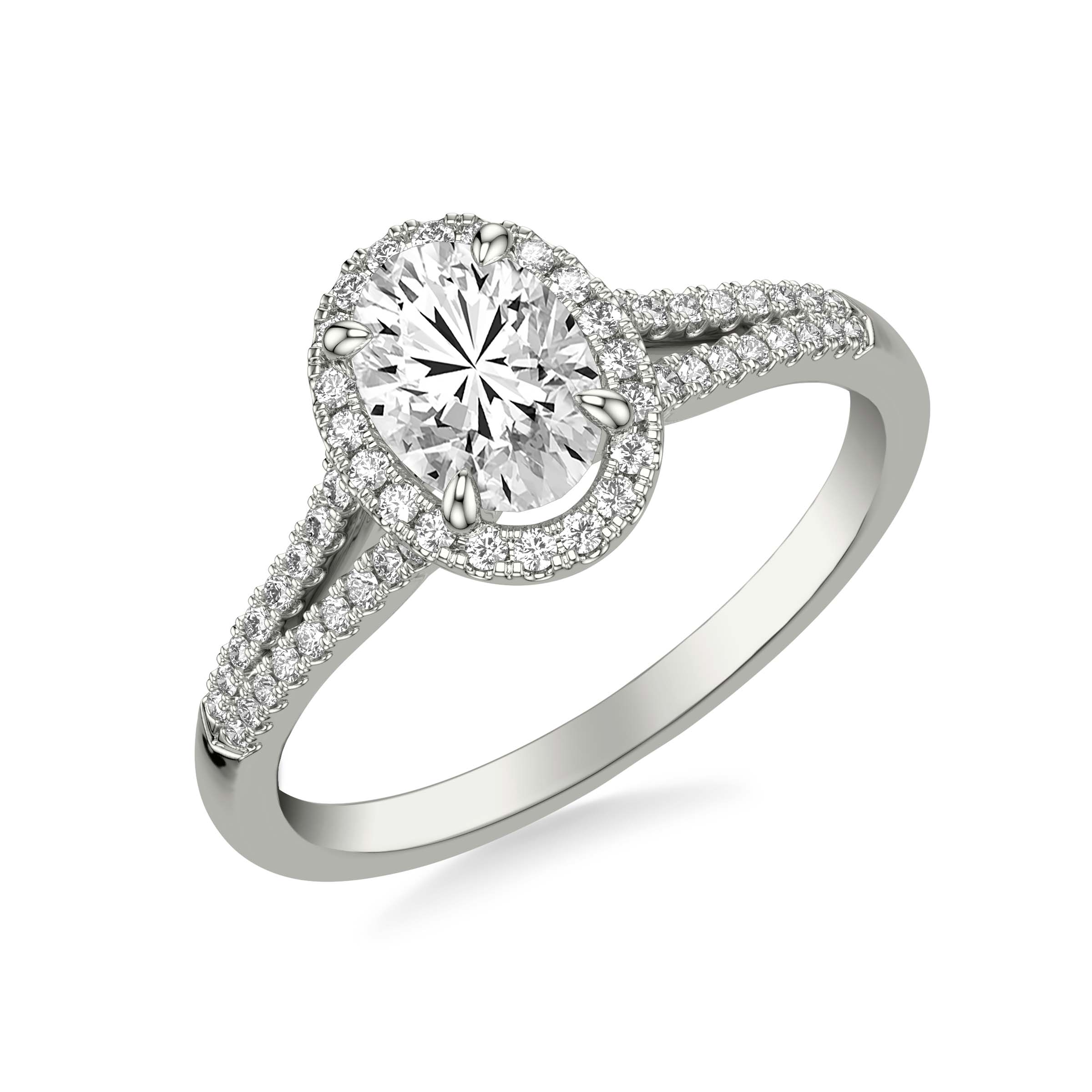 Contemporary Oval Halo Split Shank Diamond Engagement Ring