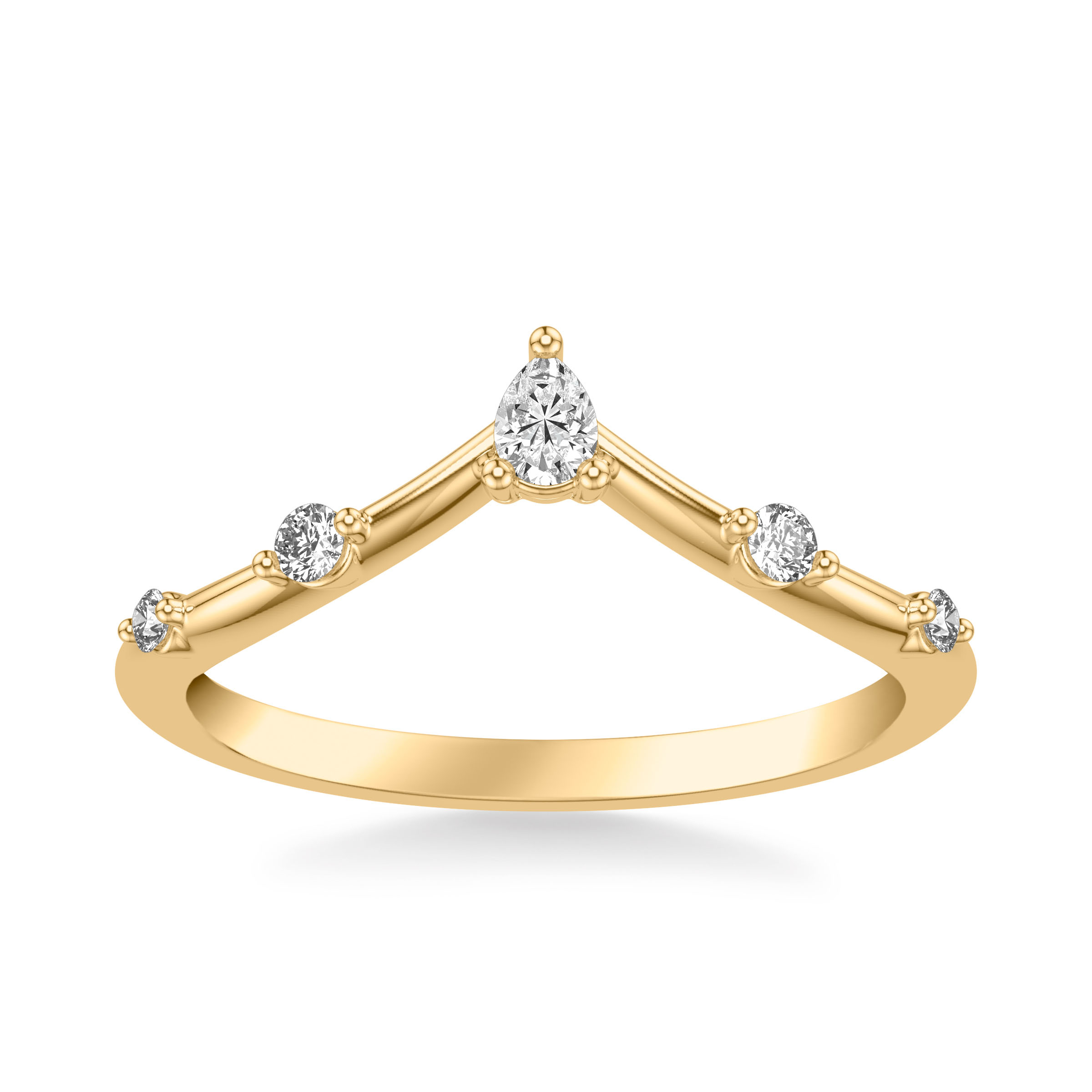 Contemporary V Curved Wedding Band with Single Diamond Stations and Petite Pear Diamond Accent