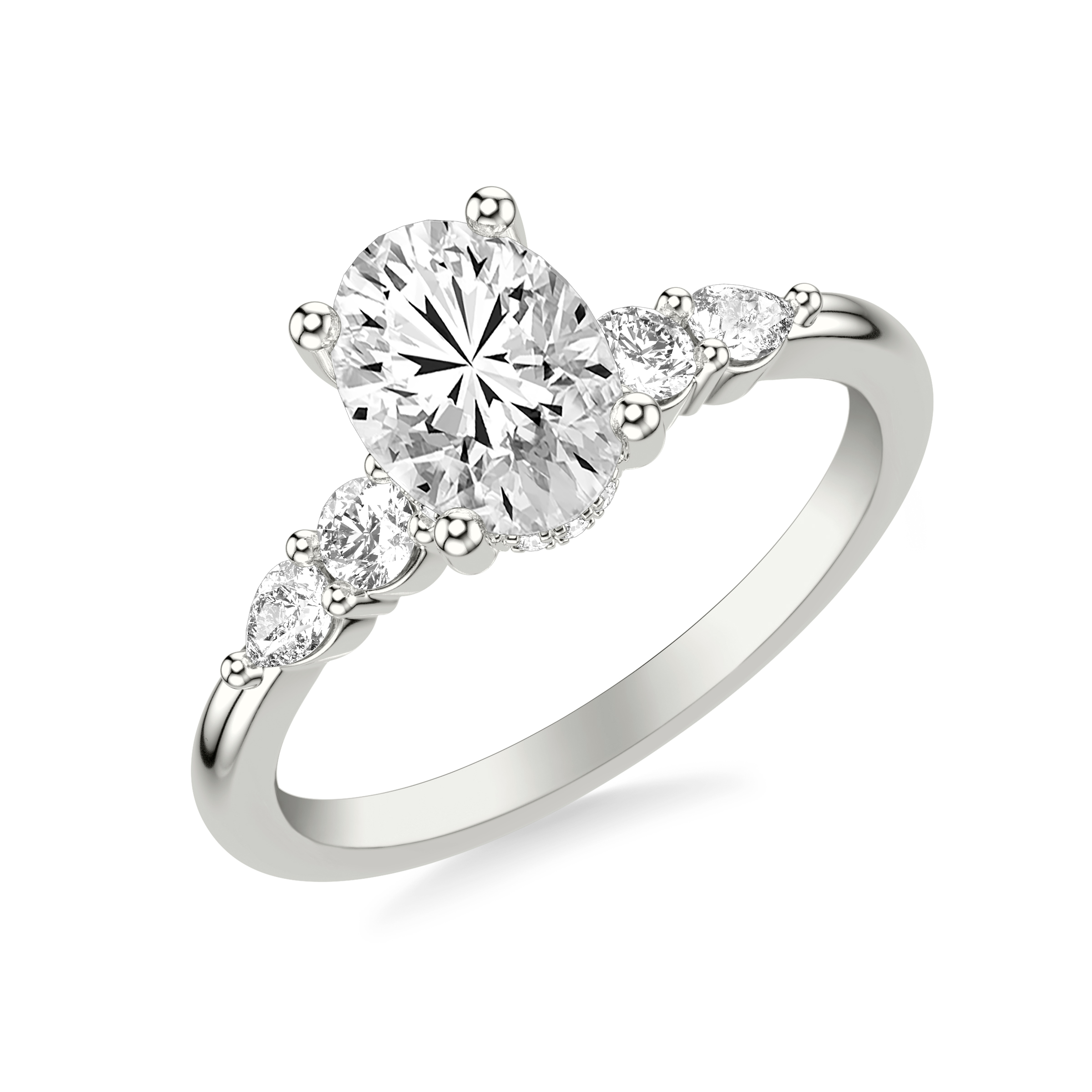 Contemporary Engagement Ring with Round and Pear Diamonds with Shared Prongs