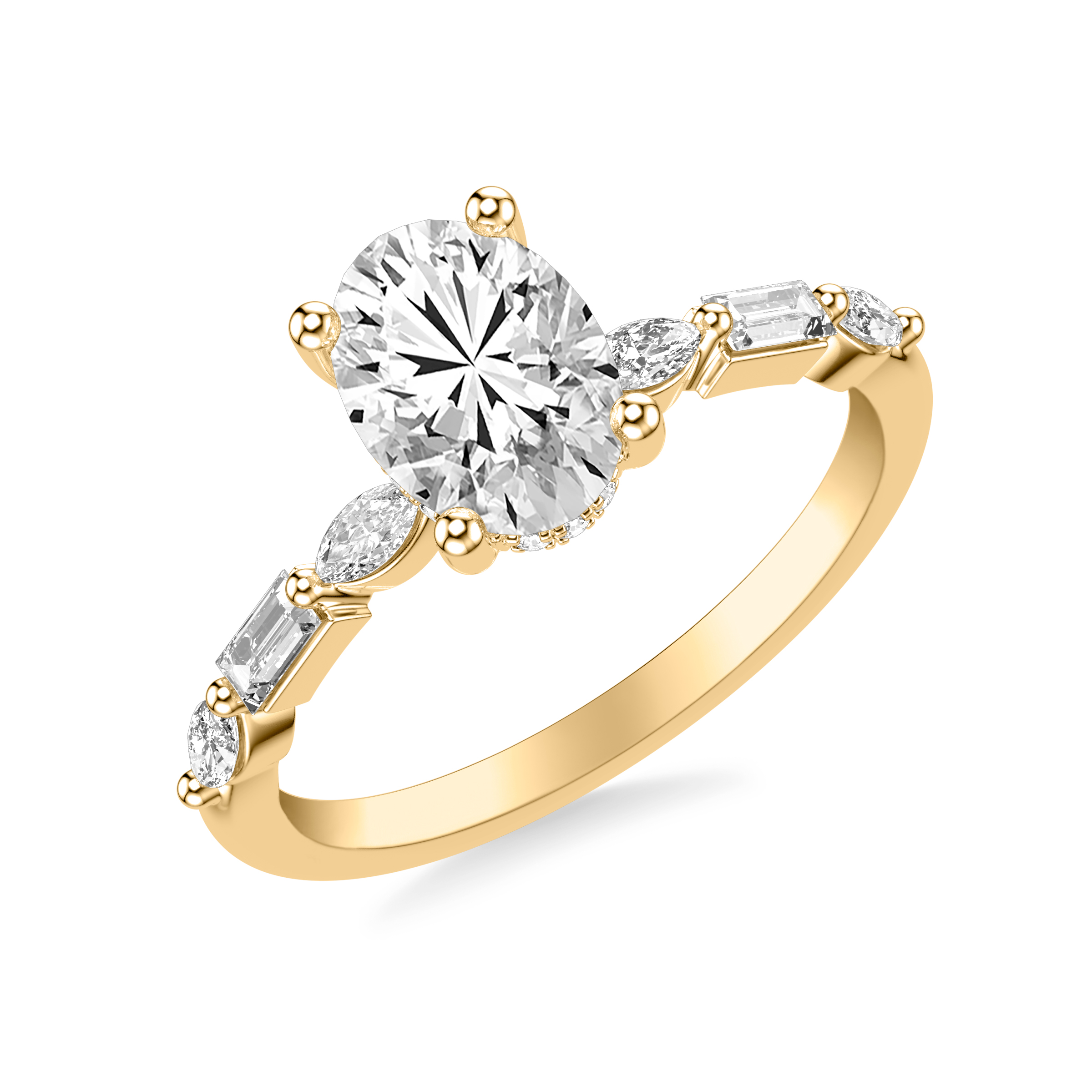 Contemporary Engagement Ring with Alternating Baguette and Marquise Diamonds with Shared Prongs and Hidden Diamond Details