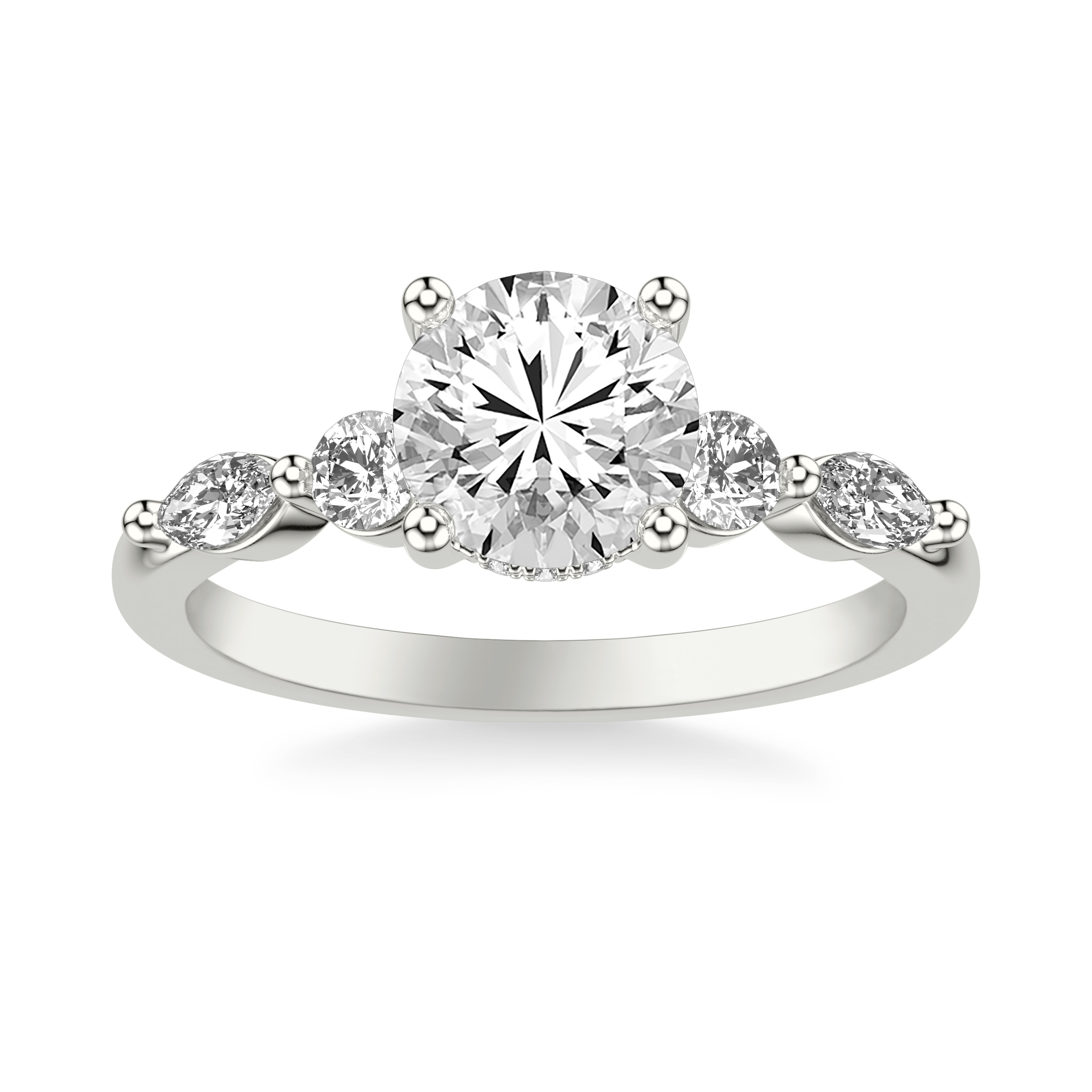 Contemporary Engagement Ring with Alternating Marquise and Round Diamonds with Shared Prongs and Hidden Diamond Details