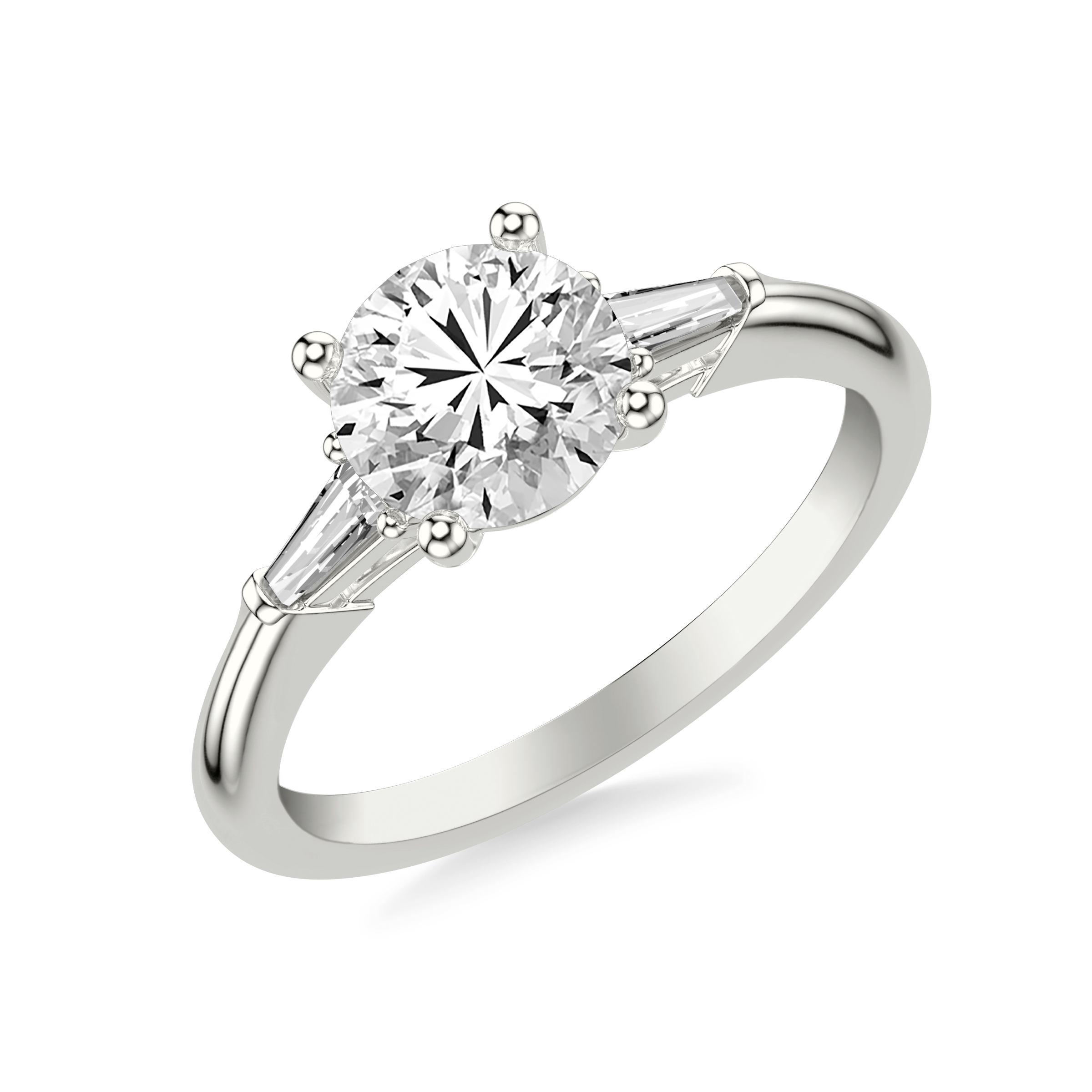 Classic Three Stone Engagement Ring with Tapered Beguette Diamonds and Polished Shank
