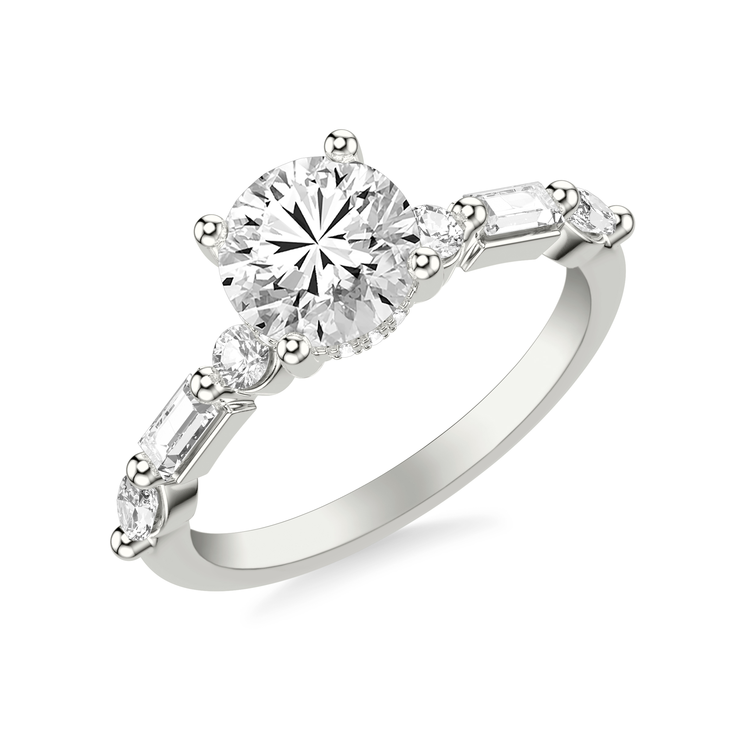 Contemporary Engagement Ring with Hidden Diamond Halo and Mixed Fancy Round and Baguette and Marquise Diamond Shank