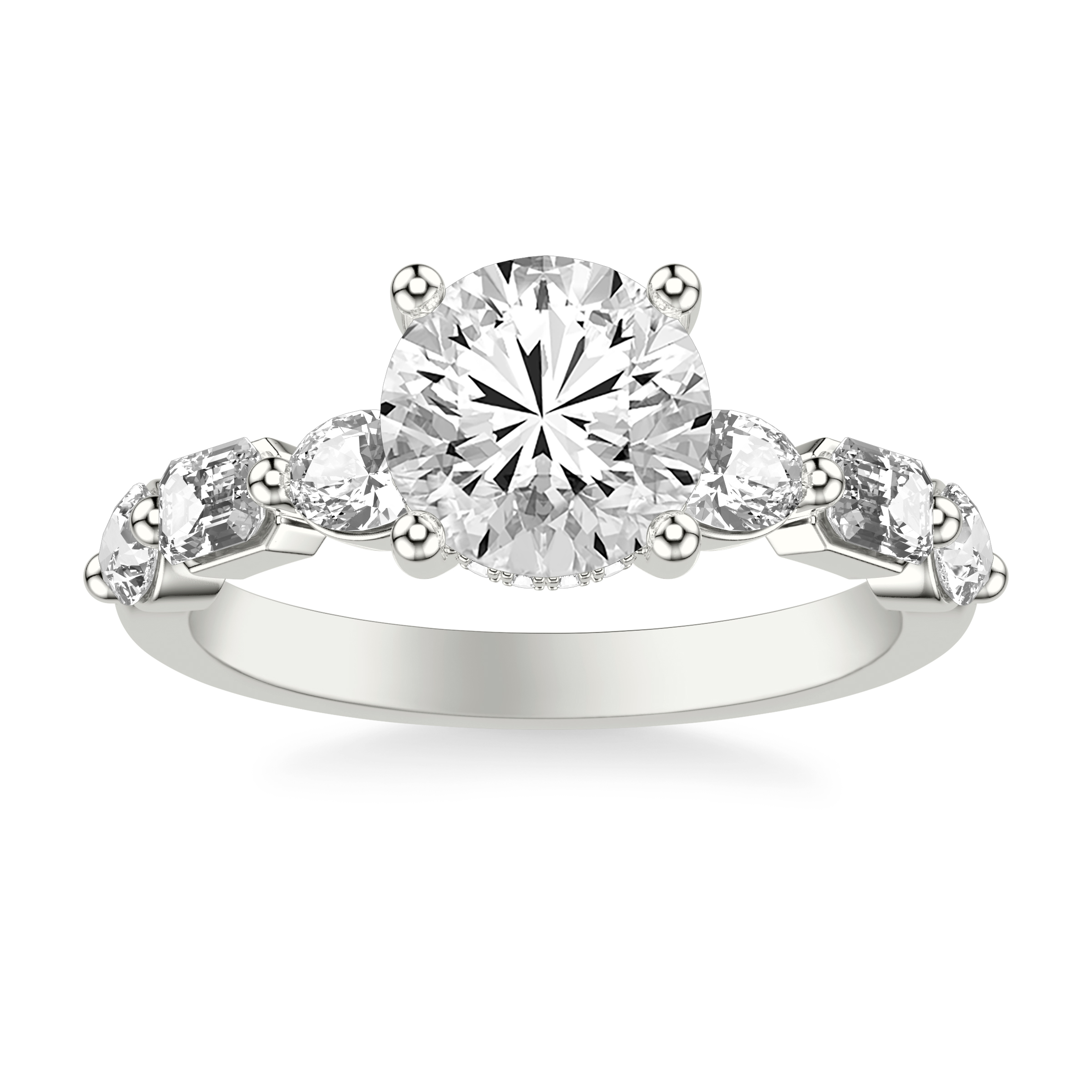 Contemporary Engagement Ring with Hidden Diamond Halo and Mixed Fancy Oval and Emerald and Pear Diamond Shank