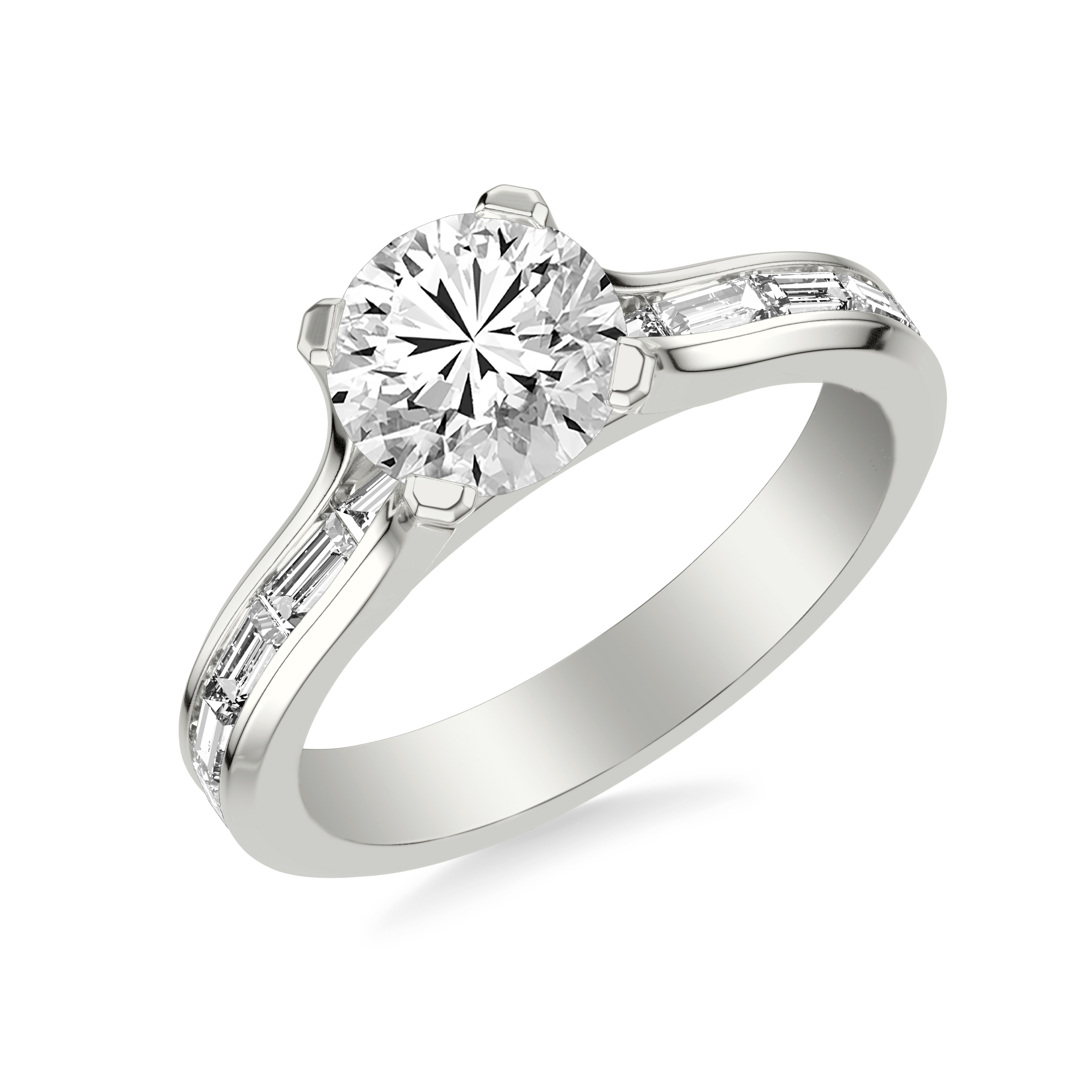 Contemporary Beveled Engagement Ring with Continuous Channel Set East/West Baguette Diamond Shank