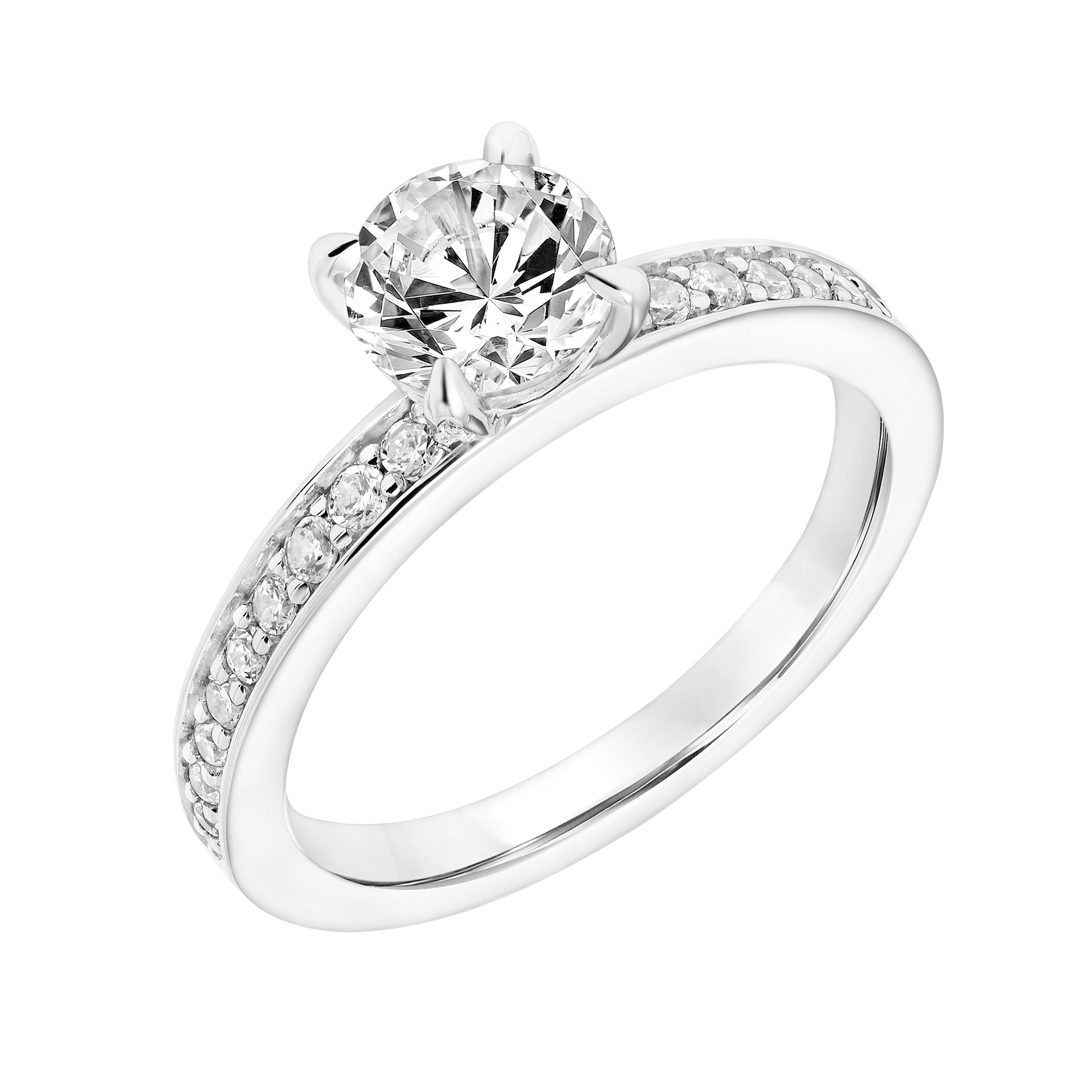 Diamond Enhanced Prongs with Horizontal Diamond Stations and Diamond Prong Set In the Wall Shank