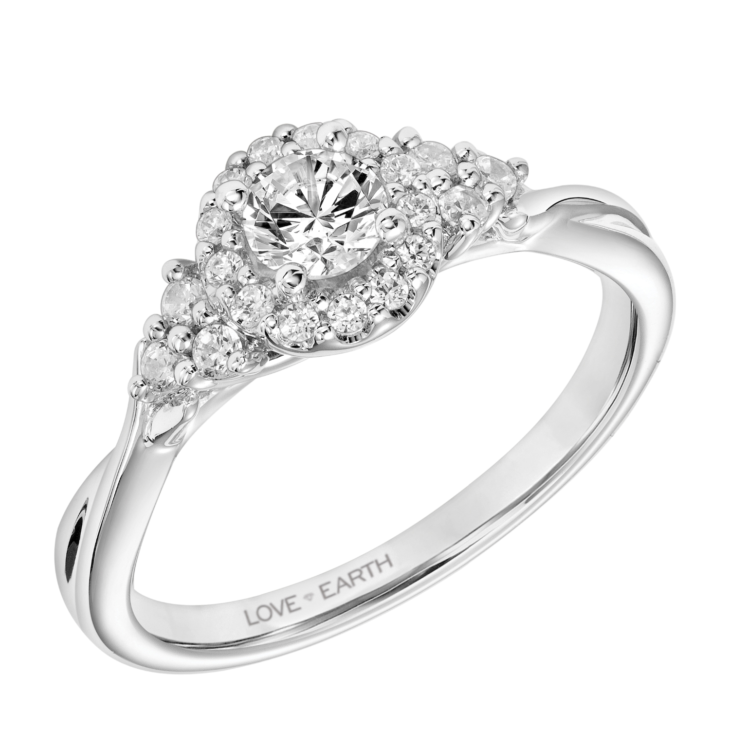 Classic Engagement Ring with Lab-Grown Diamond Round Halo with 3-Stone Lab-Grown Diamond Cluster and Polished Shank