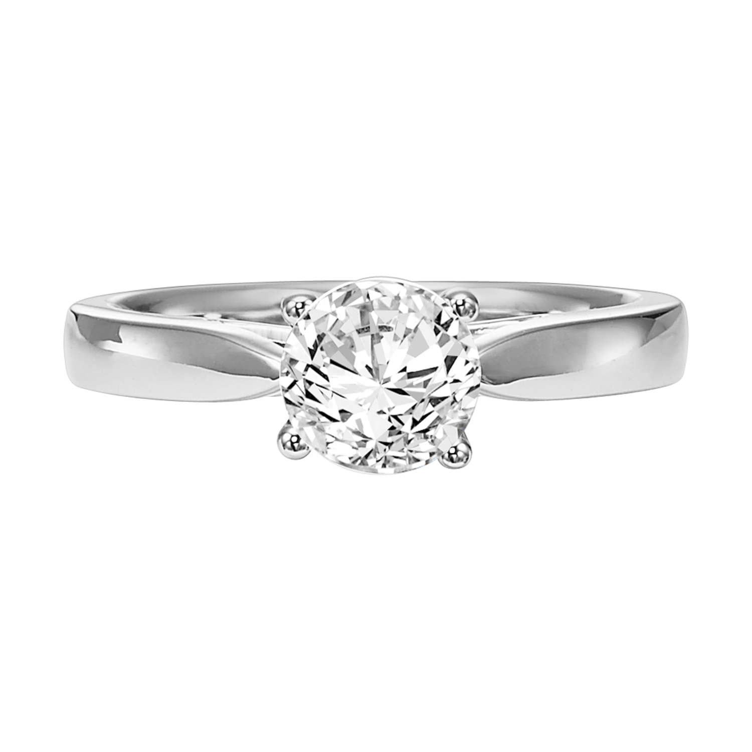 This classic diamond solitaire engagement ring features a 4-prong setting and gracefully tapered band with a surprise diamond accent