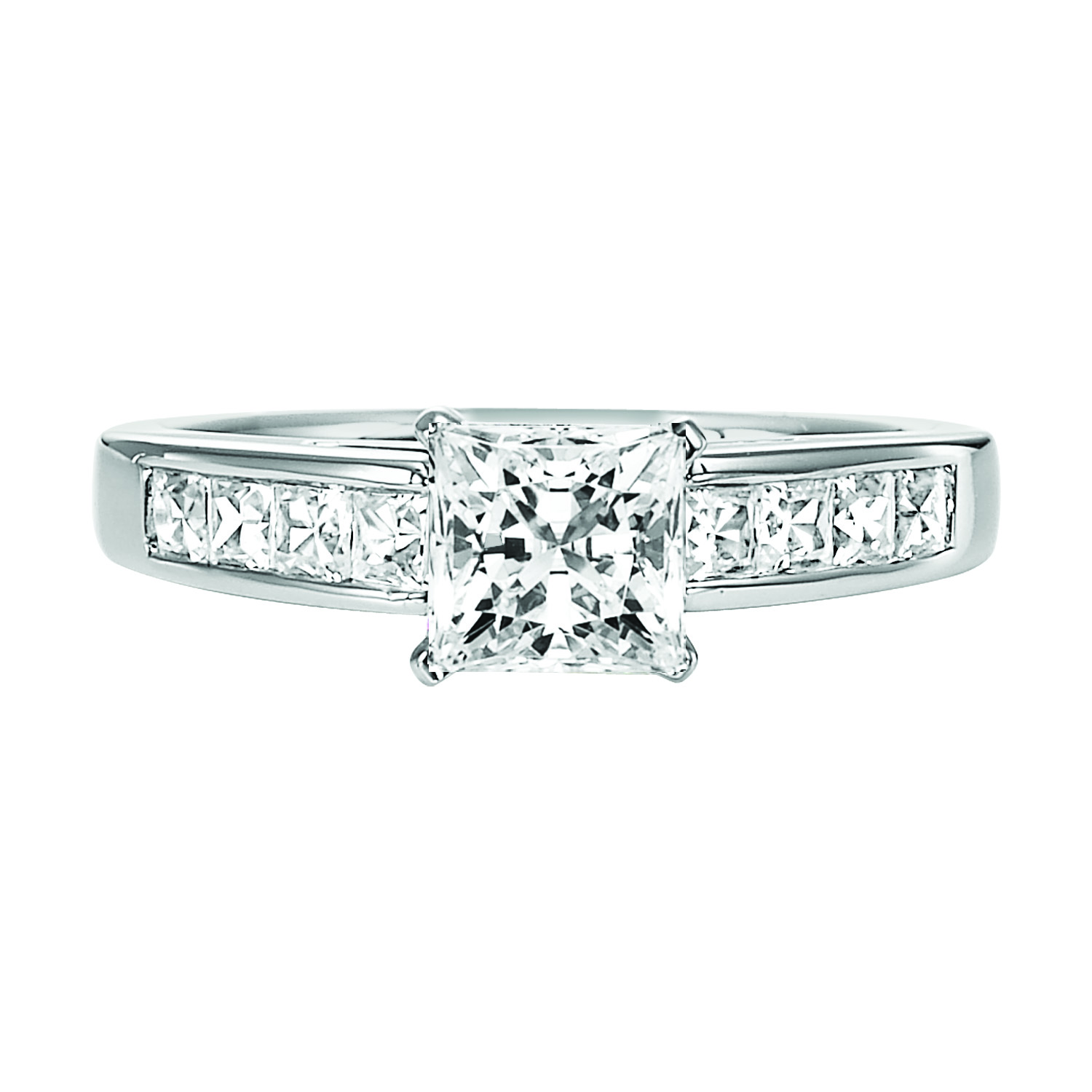 Featuring a princess cut diamond center stone with a channel set princess cut diamond band, this engagement ring is a pure show-stopper