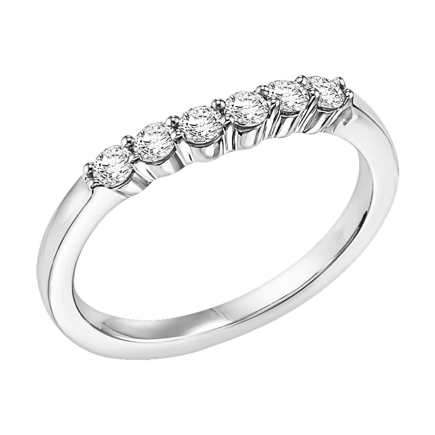 Wedding band with six, round, prong set diamonds and high polished shank.