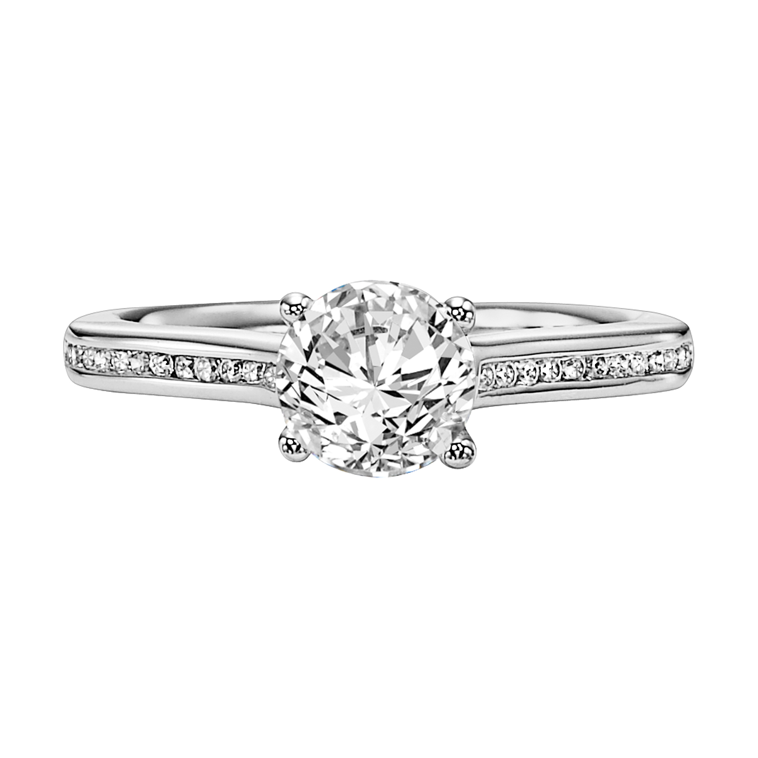 Delicate, channel set diamond band brilliantly accentuates the round diamond center stone