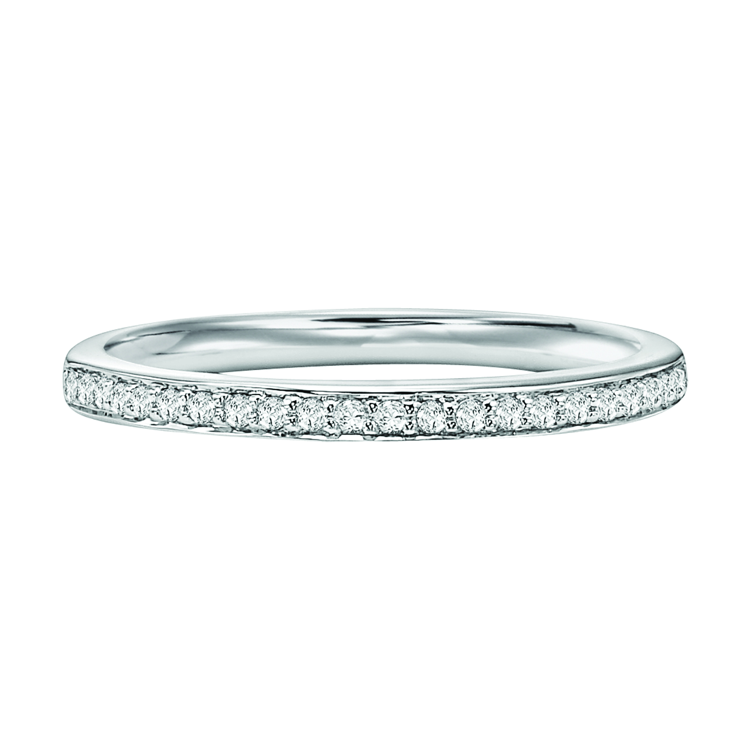 Wedding band with round, bead set diamonds halfway around.