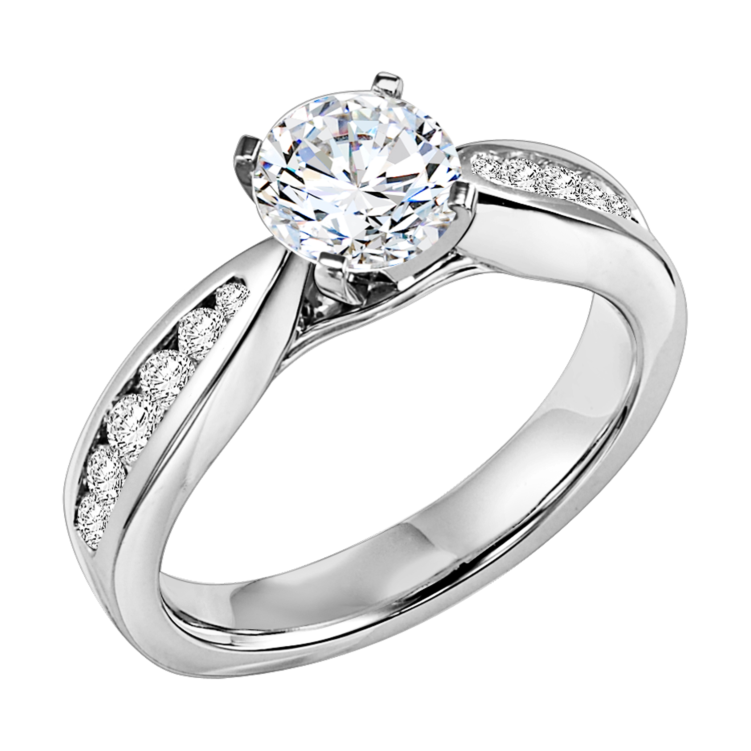 This gracefully tapered channel set diamond band accentuates the center stone for an awe-inspiring look