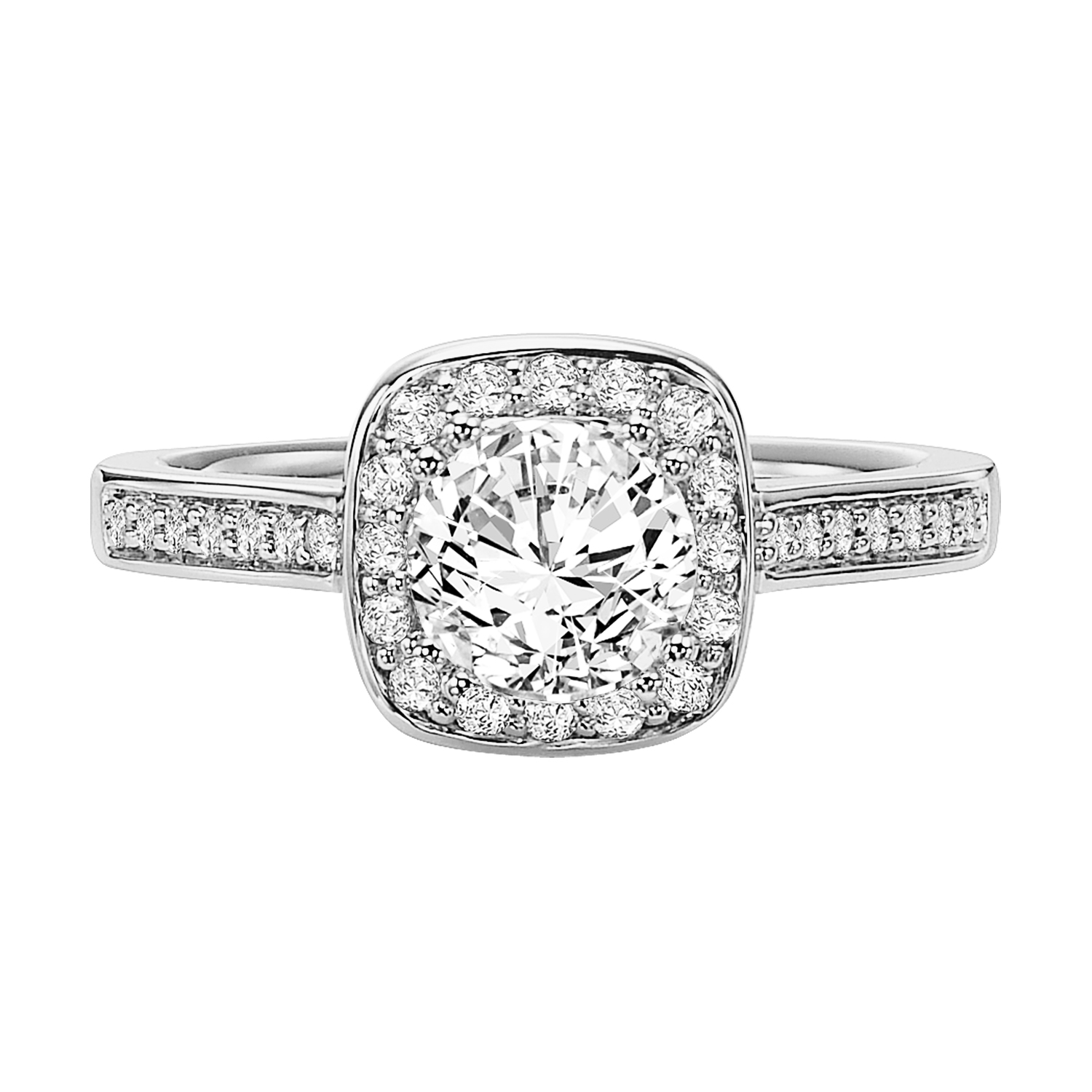 Sophisticated and chic, this prong set diamond halo features rounded edges paired with a diamond band for a modern yet timeless design