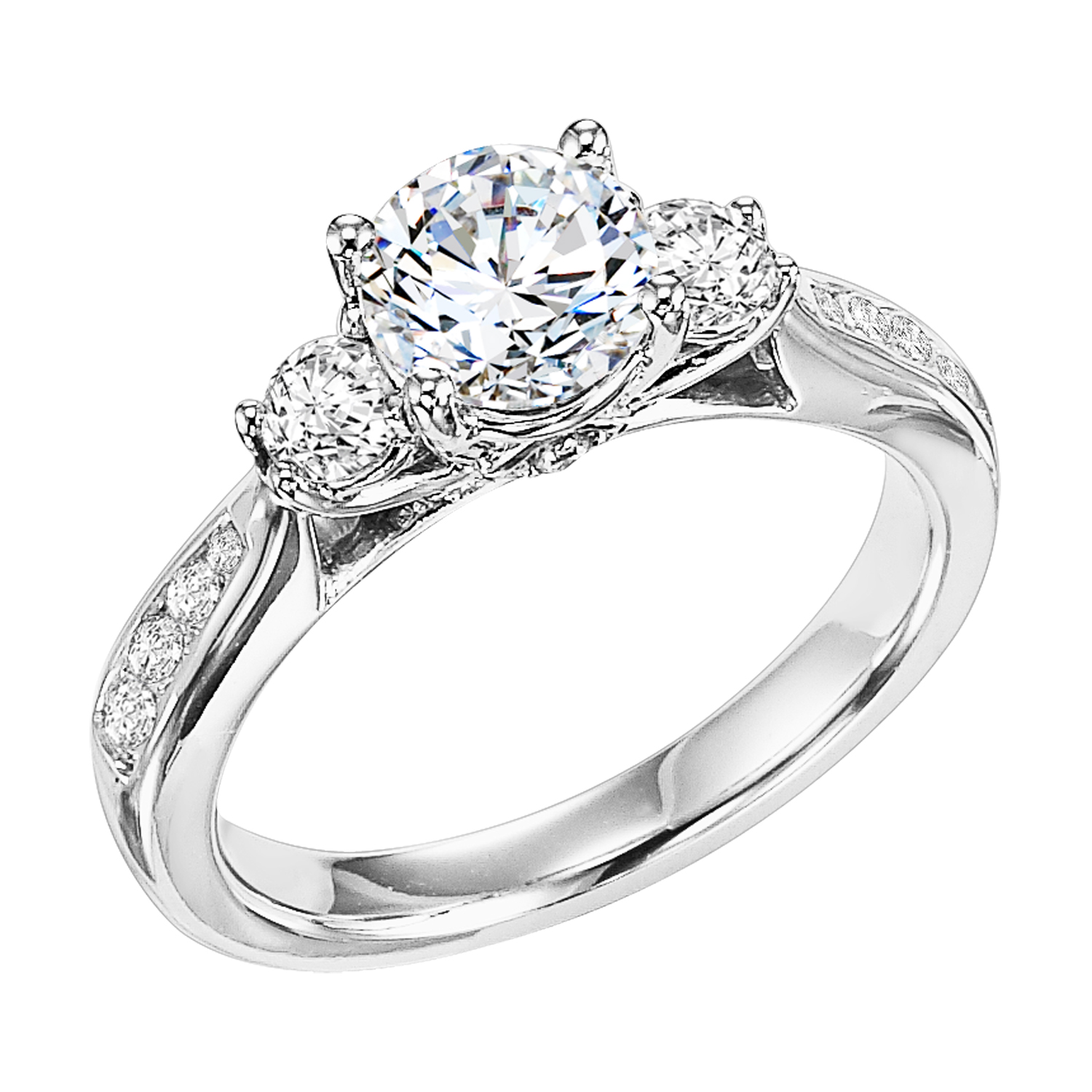 3-stone prong set diamond engagement ring gleams with its graduated diamond channel set band