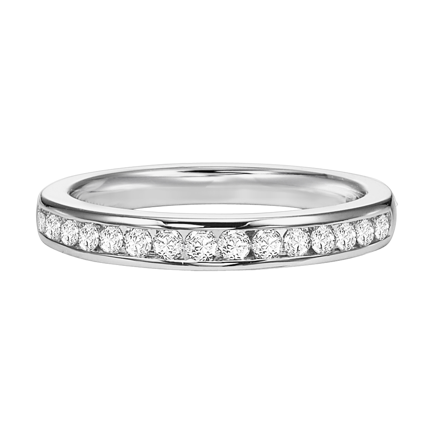 Wedding band with channel set, round diamonds.