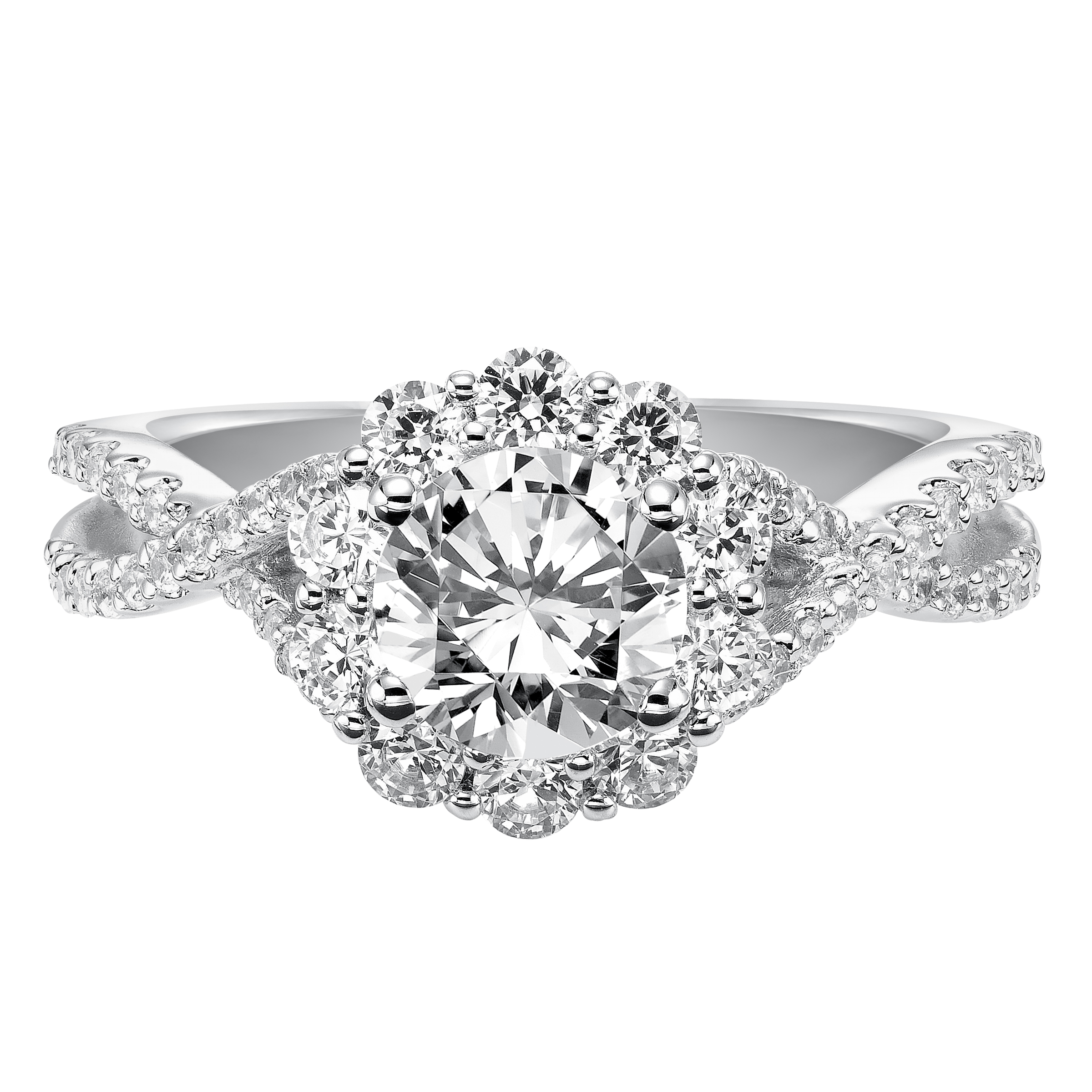 Awe-inspiring sparkle illuminates from this engagement ring featuring a shared prong set diamond halo and elegant twisted diamond band for grand effect.