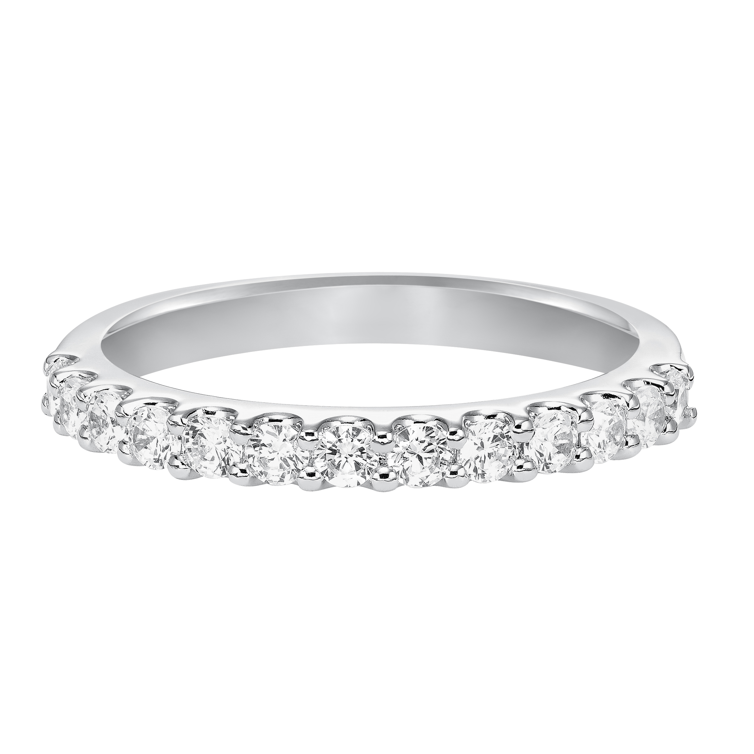 Wedding band with round diamond, shared prong shank