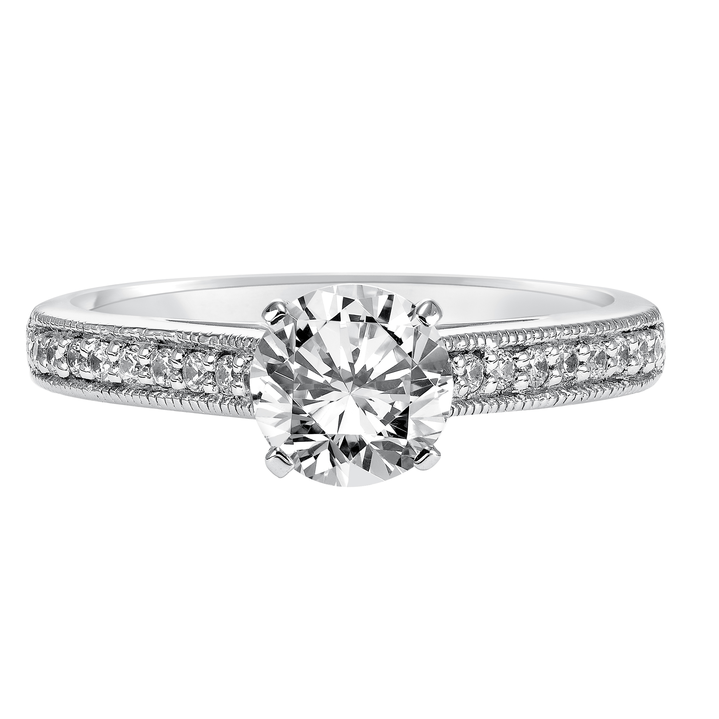 Delicate milgrain gracefully accents this diamond prong set band for refined look