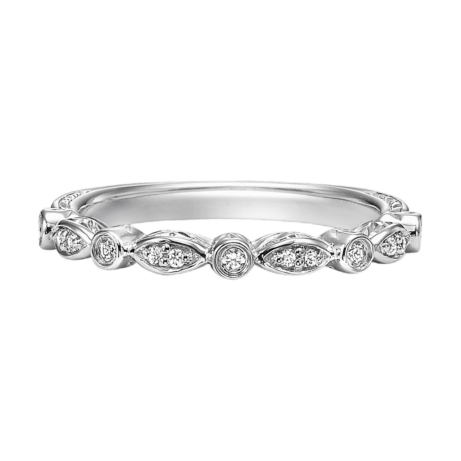 Wedding band with diamond enhanced geometric, petal motif designed to compliment matching engagement ring.