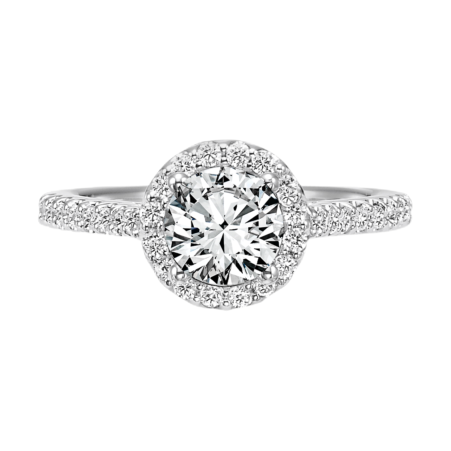 Ravishing yet refined, this engagement ring sparkles brilliantly with its diamond prong set halo and band