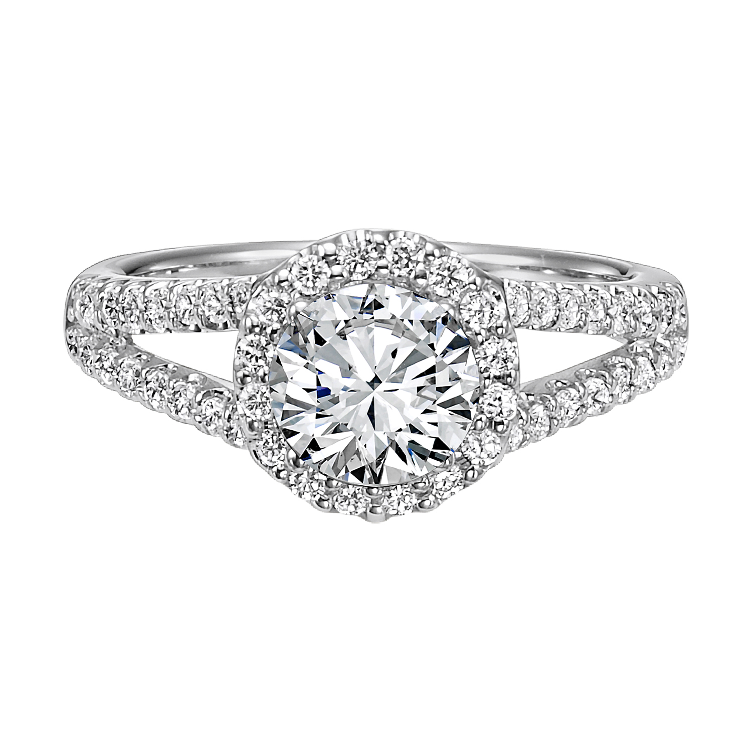 This engagement ring is sure to make a statement with its alluring split shank diamond prong set band and dazzling halo accentuating the center diamond