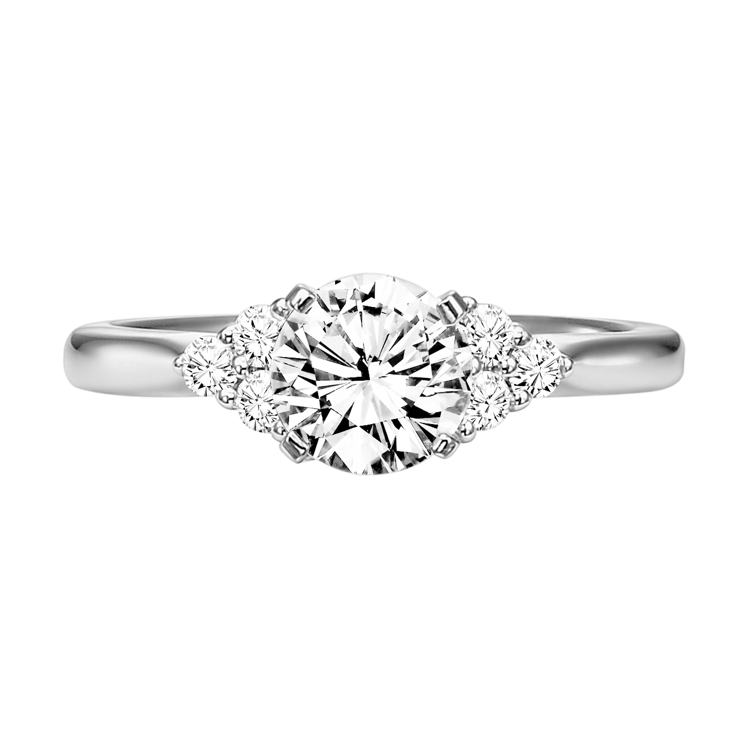 Timeless in design, this engagement ring features a round center stone accented by a striking 3-stone diamond cluster on each side along with a high polished band