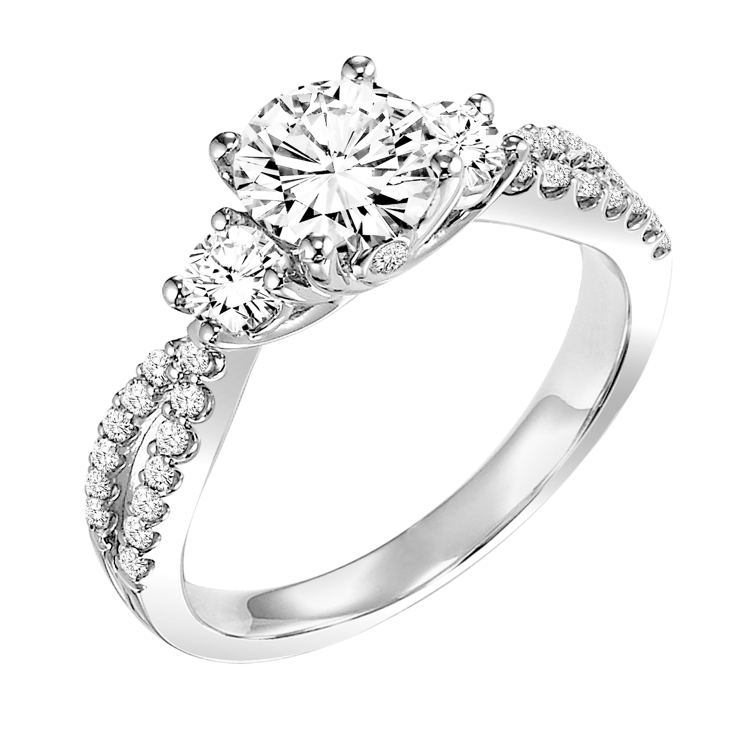 This glamorous 3-stone diamond engagement ring features a split diamond prong set band for a luxurious look