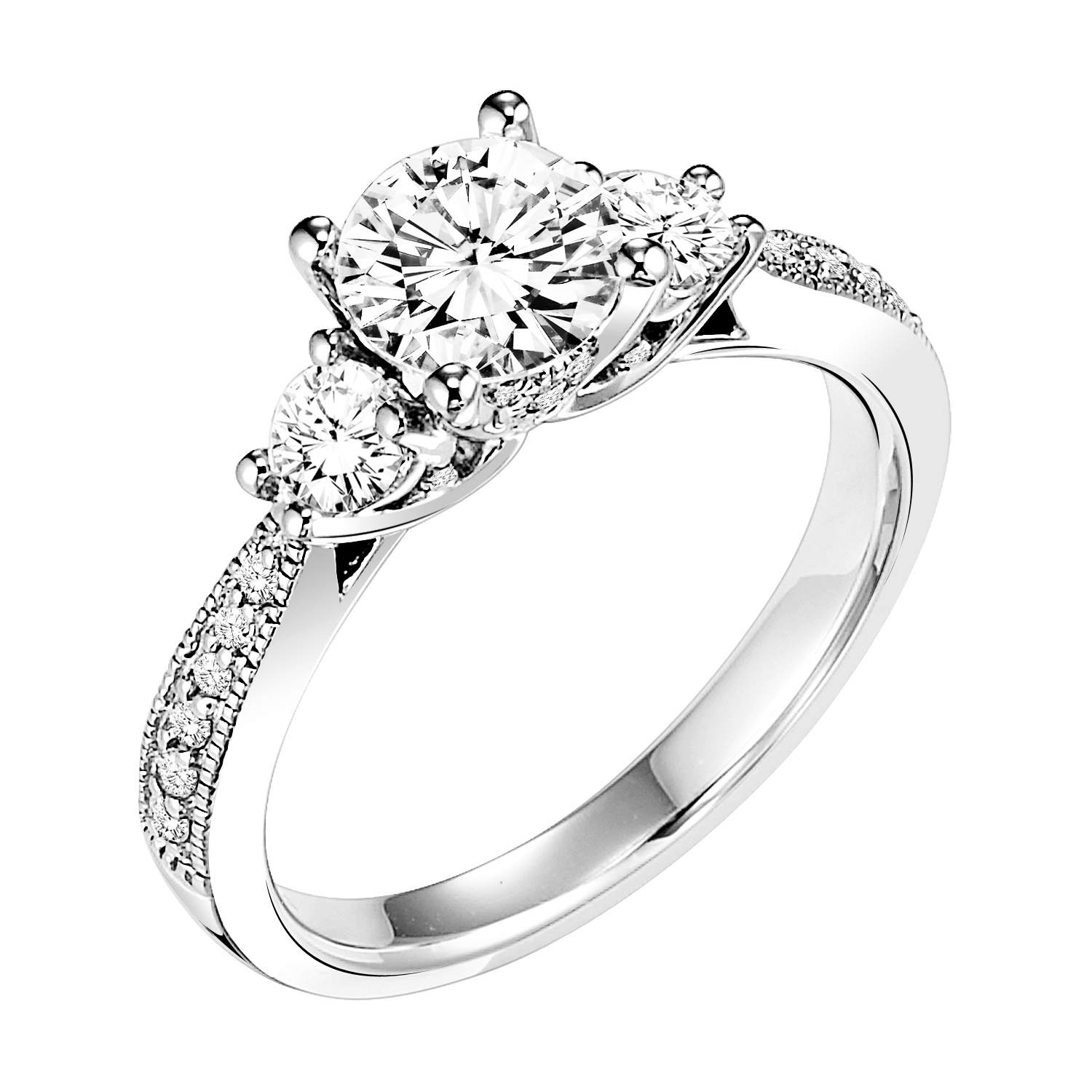 This stunning 3-stone diamond engagement ring fuses classic design with vintage flair pairing its elegant diamond prong set band with milgrain
