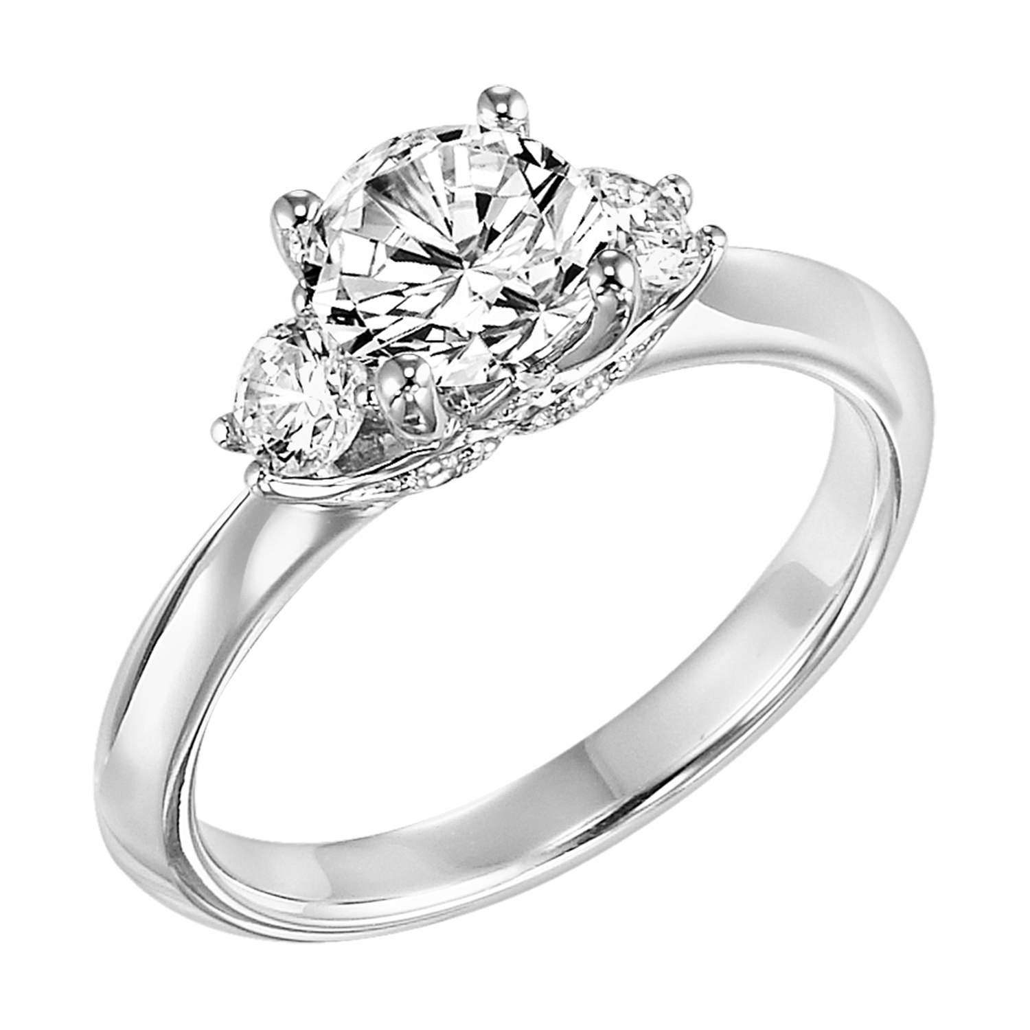 This classic 3-stone diamond engagement ring is set with a high polished band for a timeless look