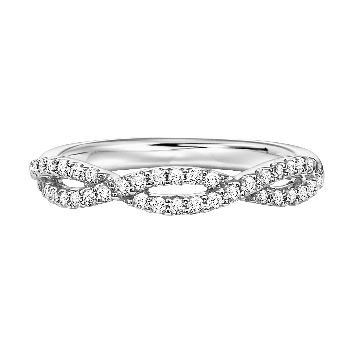 Wedding band with infinity design featuring round, prong set diamonds.