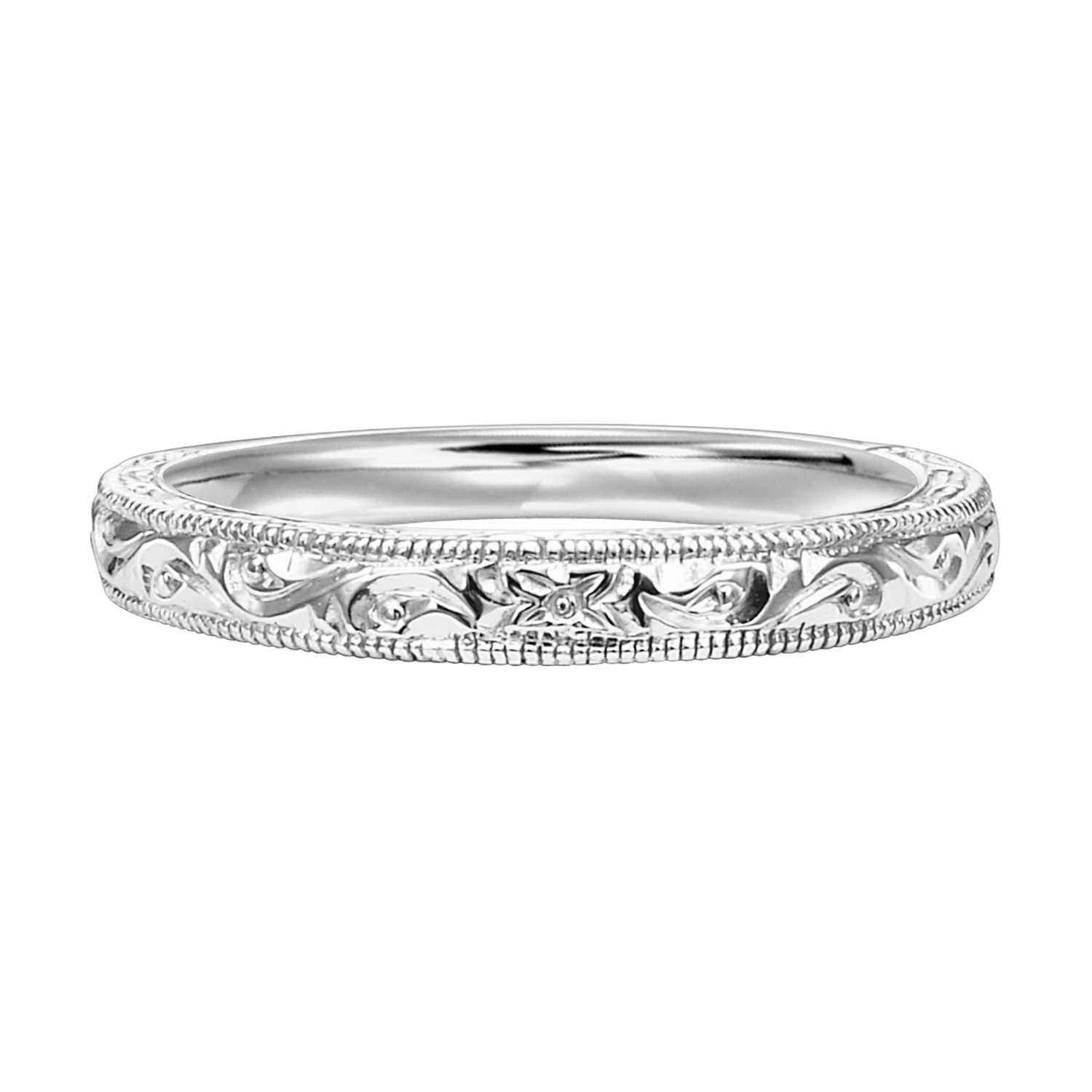 Wedding band with delicate, engraved design and milgrain.