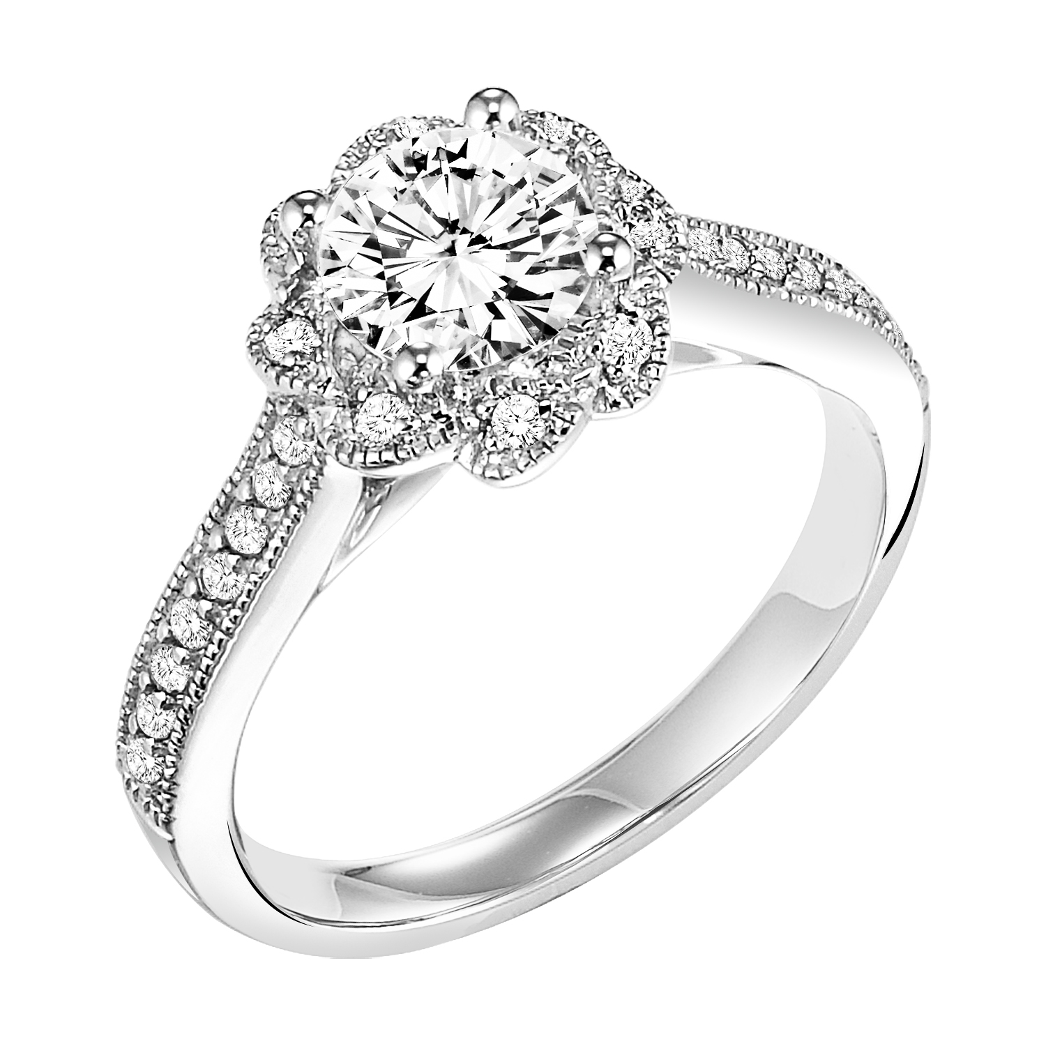 Charming and beautiful, this diamond prong set engagement ring features a gorgeous petal inspired halo with milgrain accentuating the round center diamond