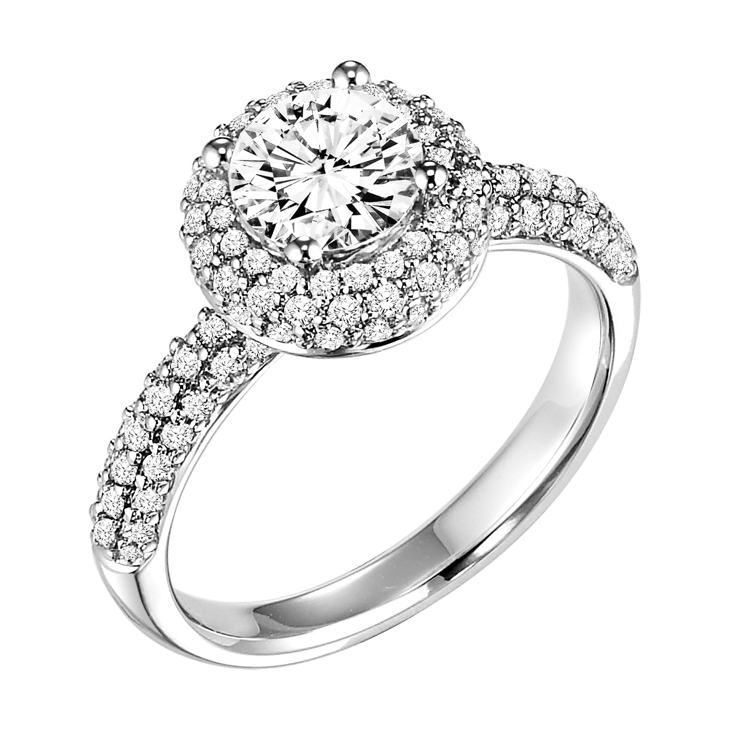 This breathtaking multi-row diamond pave halo and band gracefully accentuate the brilliant round diamond center stone and create a aura of intense sparkle