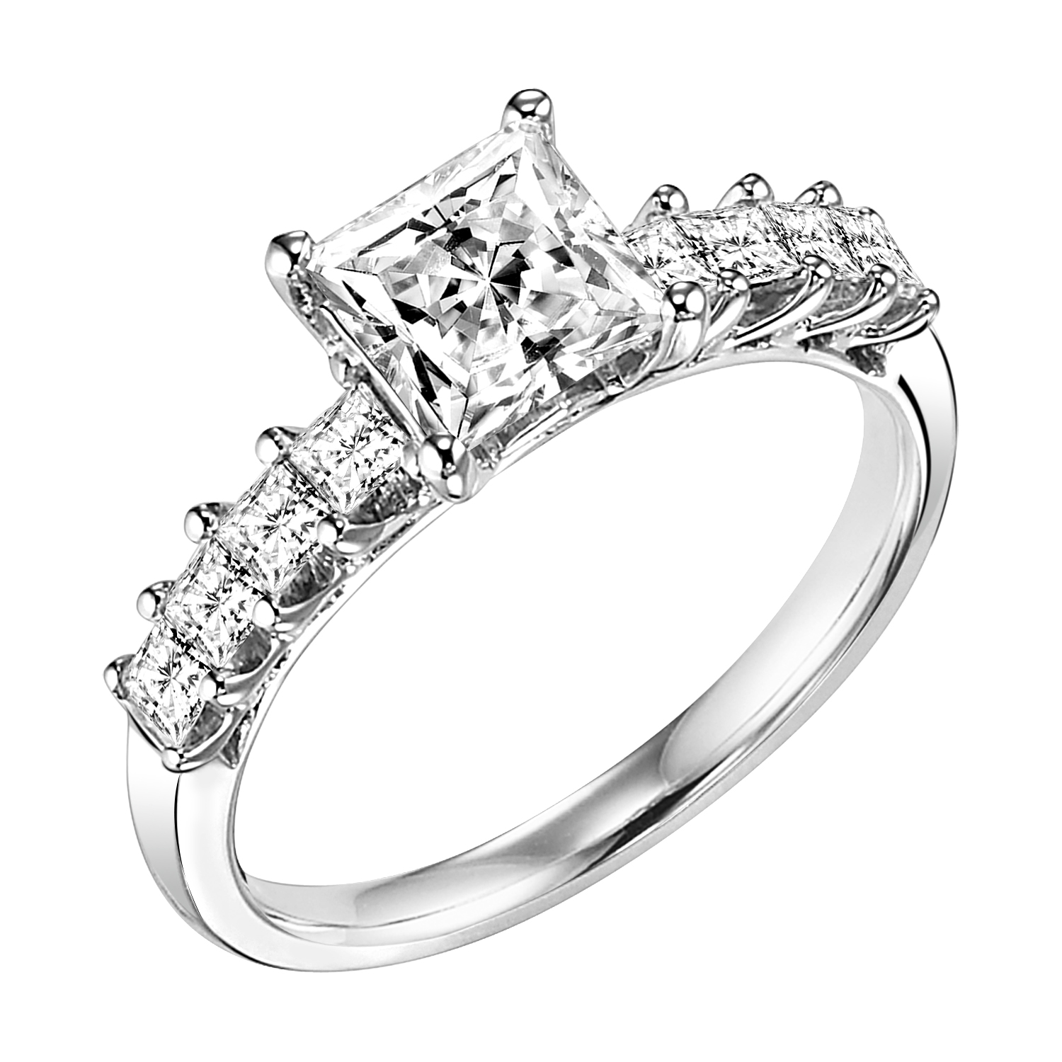 Featuring a princess cut diamond center stone with a shared prong set princess cut diamond band, this engagement ring is simply spectacular