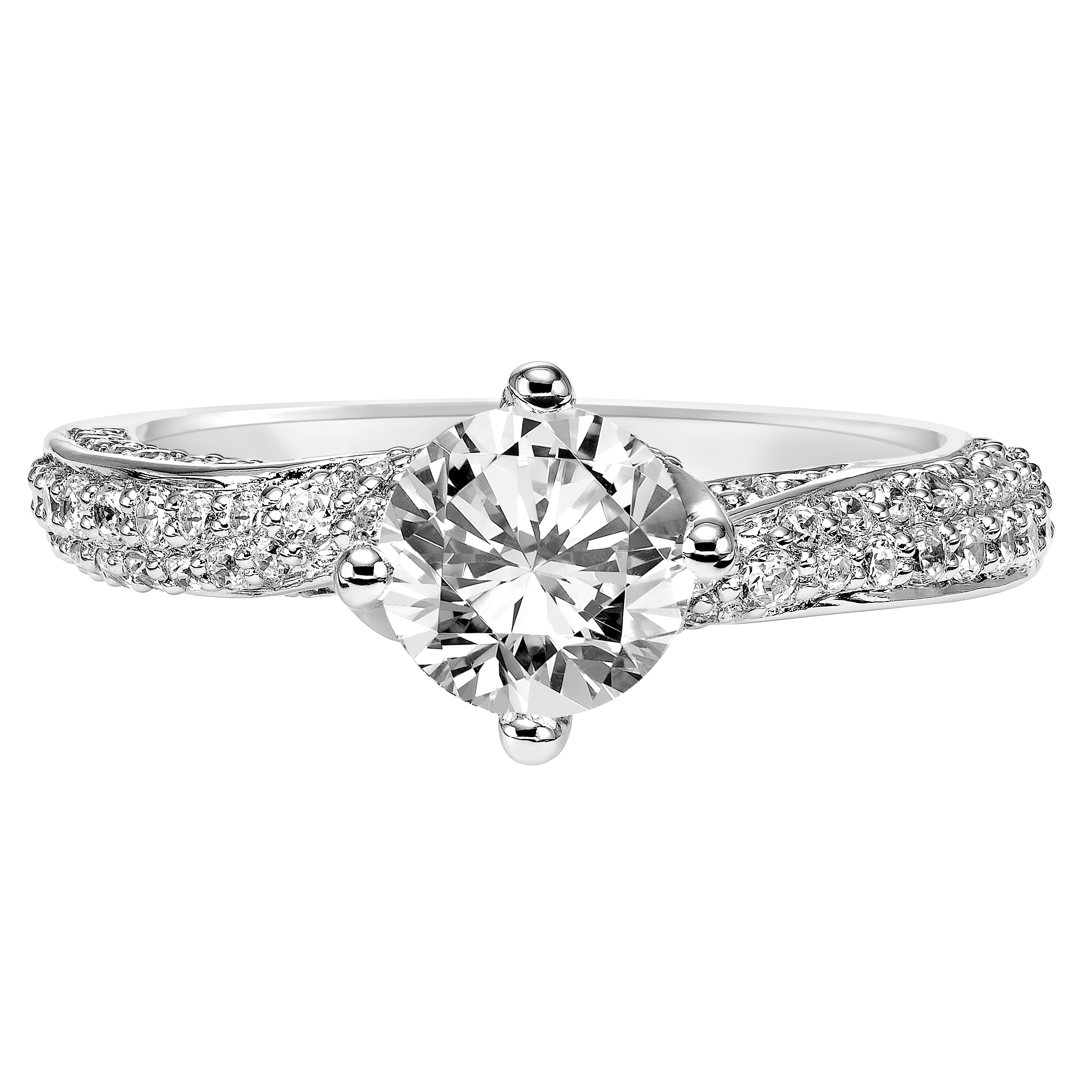 Gorgeous curves of diamond pave grace the band of this diamond engagement ring for a romantic look