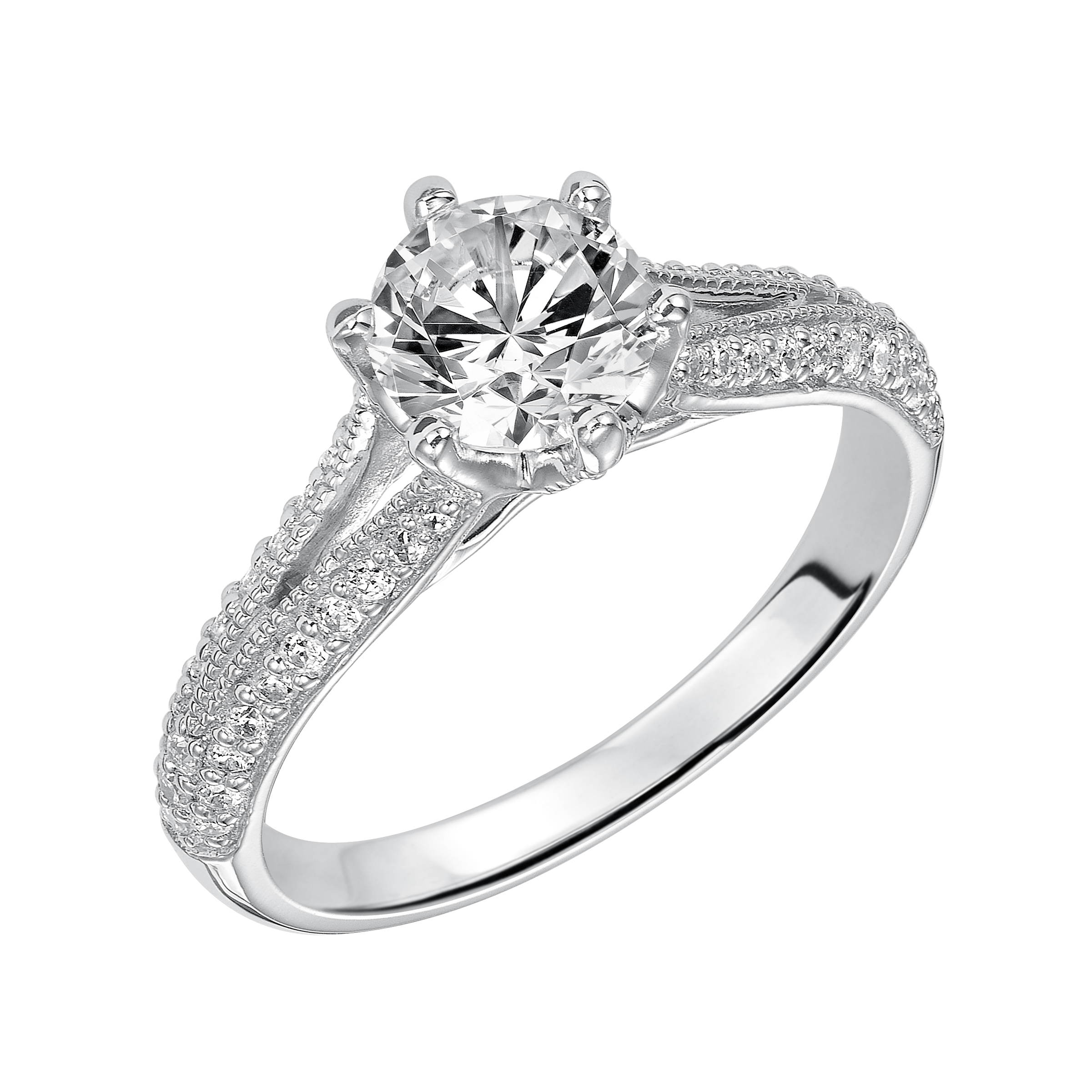 Delicate details infuse timeless elegance in this engagement ring featuring a round brilliant diamond set in a pave split band with milgrain