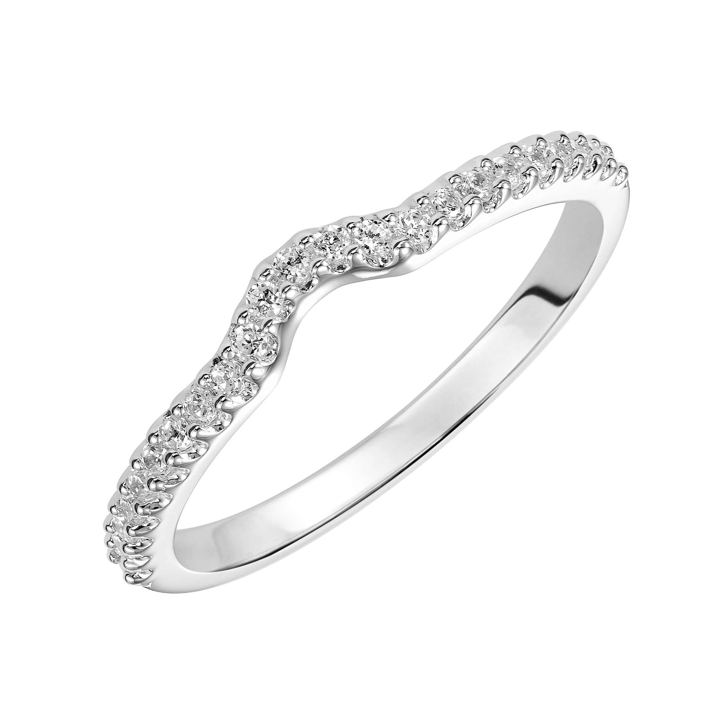 Wedding band with high polished shank and delicate, linear design.