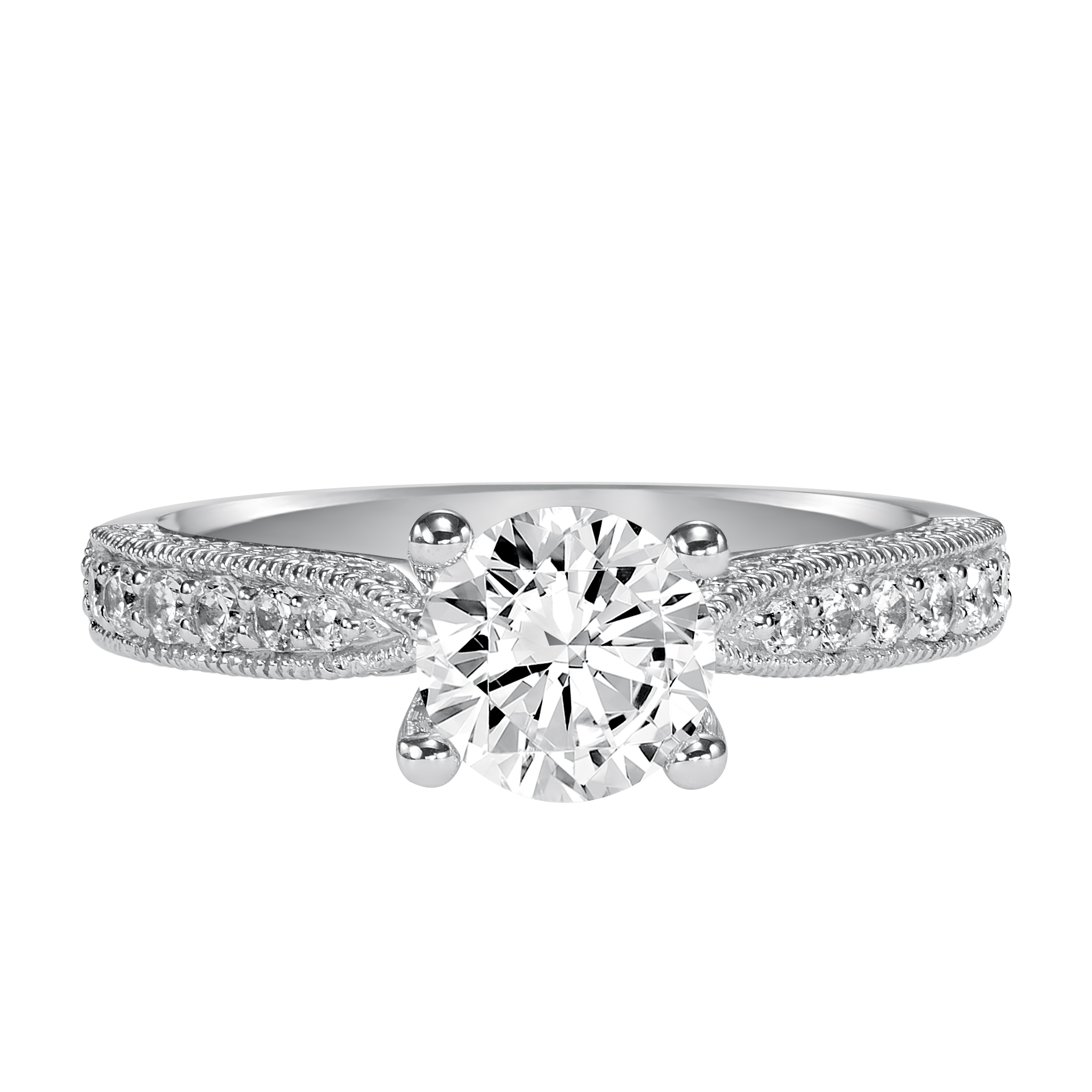 Milgrain detailing accents the diamond prong set band of this magnificent engagement ring