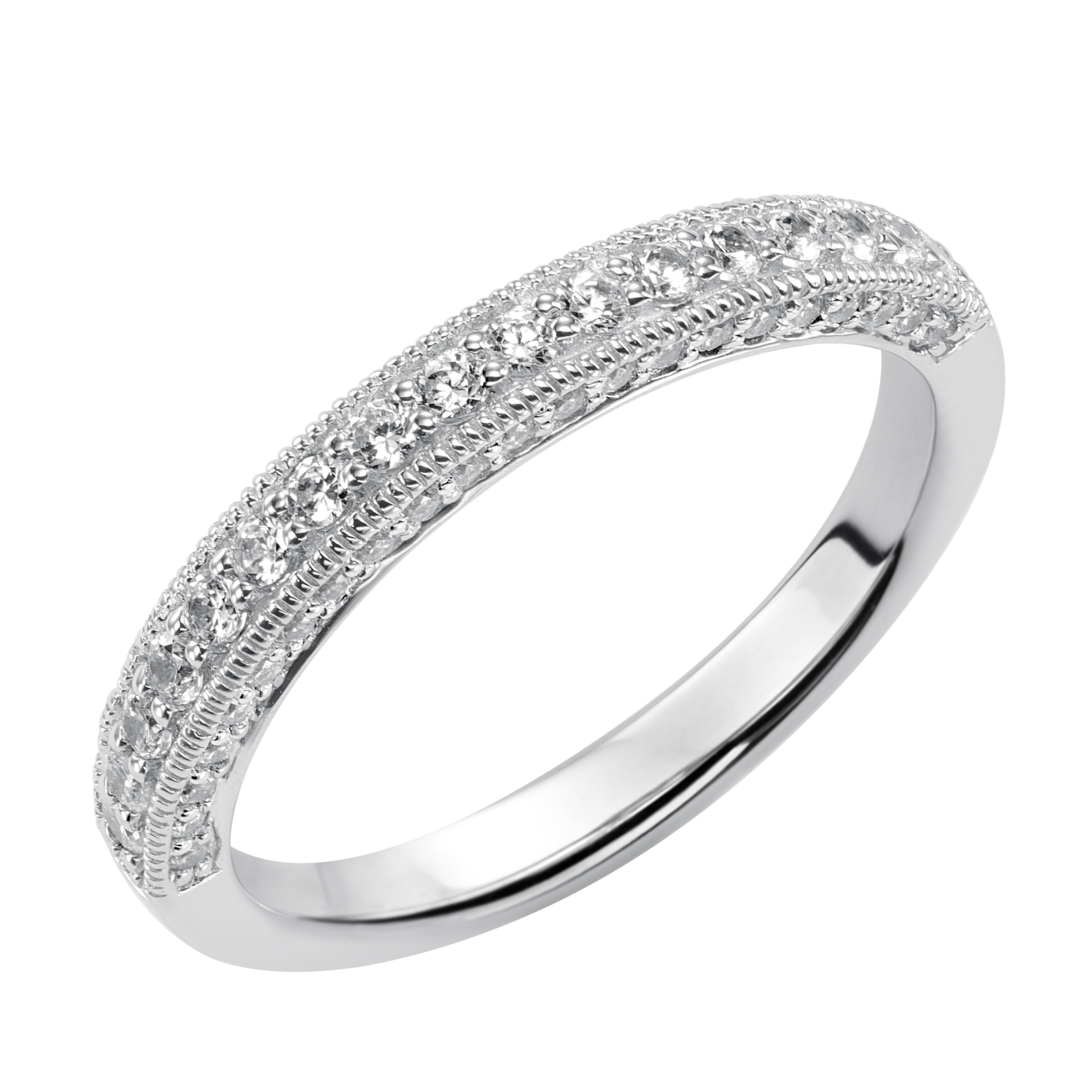 Wedding band with multi-row, bead set round diamonds and milgrain.