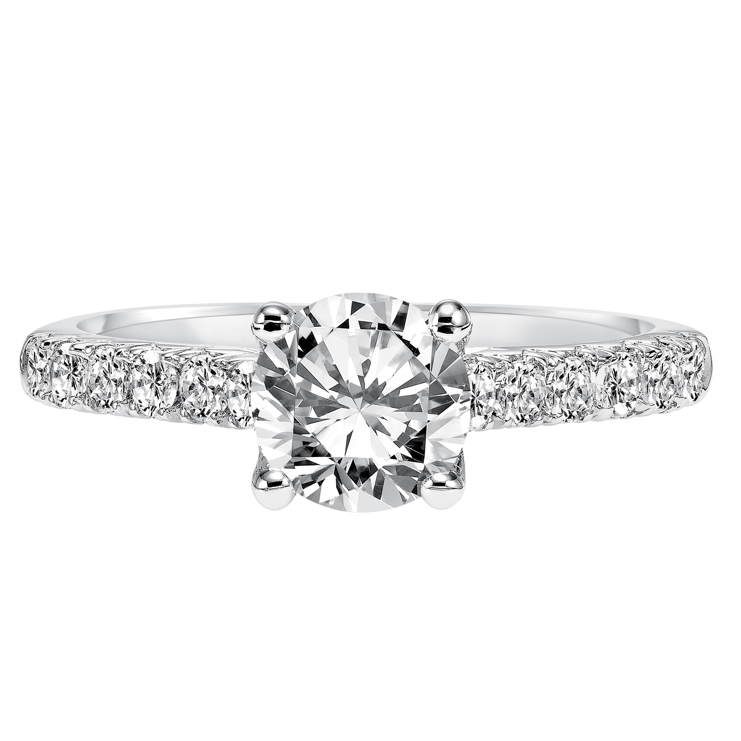 Prong set diamonds grace the band of this strikingly timeless round diamond engagement ring
