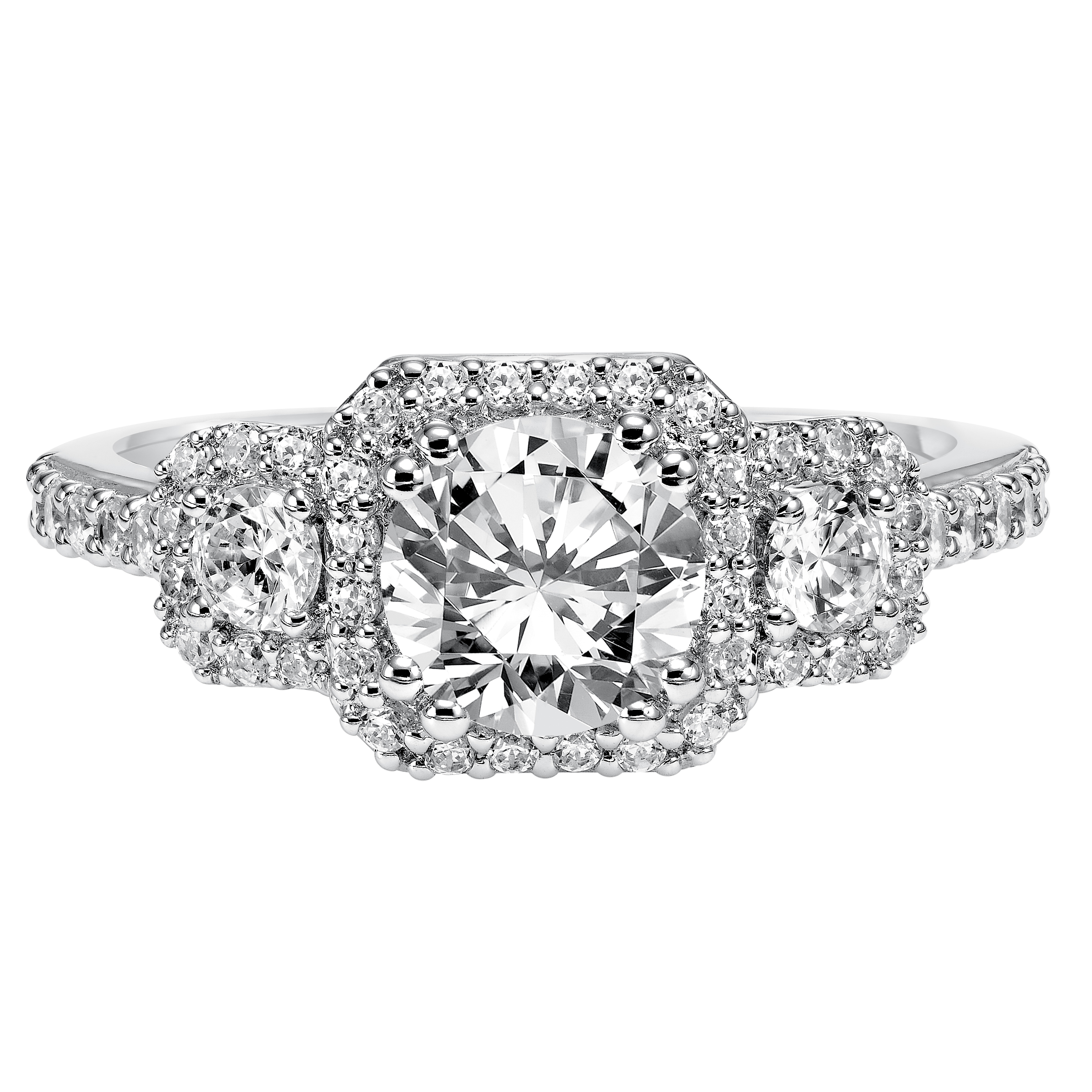 3-stone diamond engagement ring features prong set diamond halos surrounding each diamond whilst paired with a matching diamond band