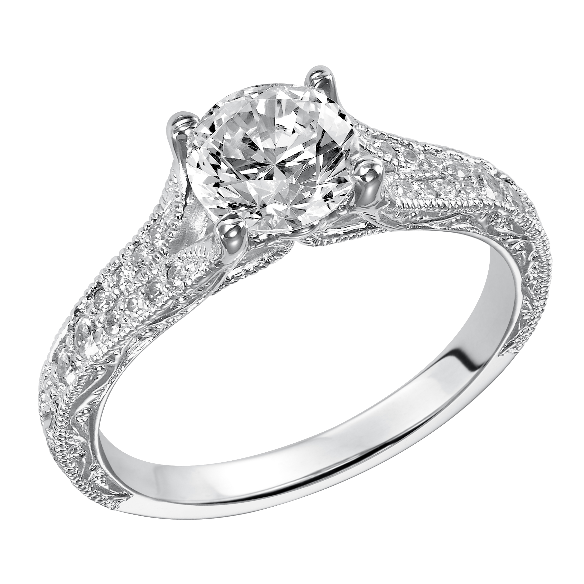 This vintage chic inspired design features a diamond prong set split band with delicate engraving and milgrain accents