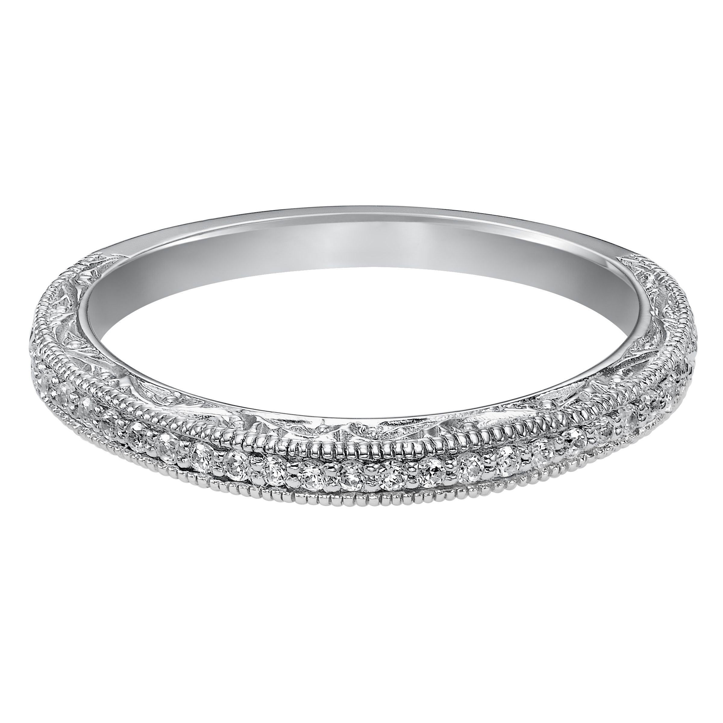 Wedding band with bead set, round diamonds, engraving and milgrain.