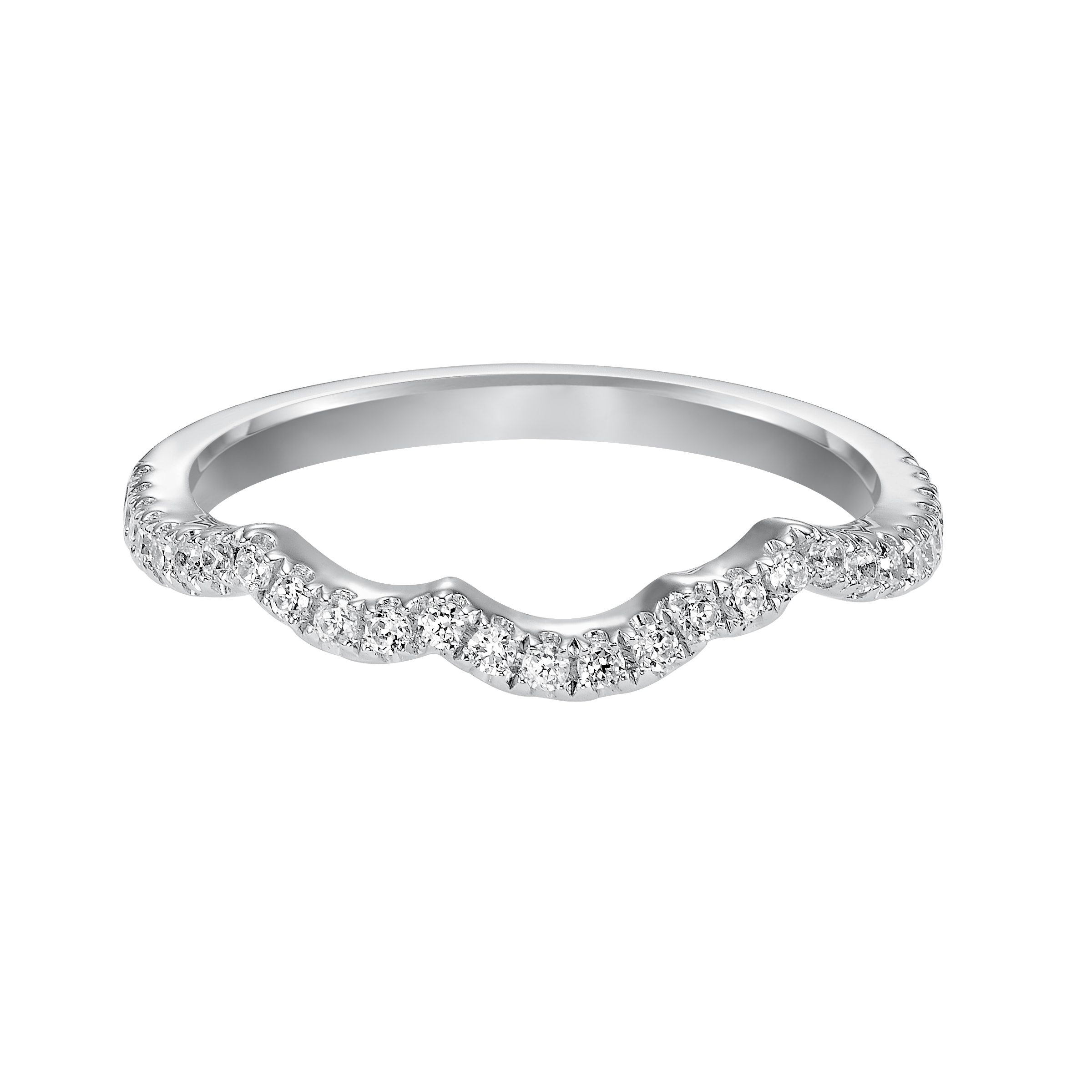 Wedding band with prong set, round diamonds and curved to fit flush with matching engagement ring.