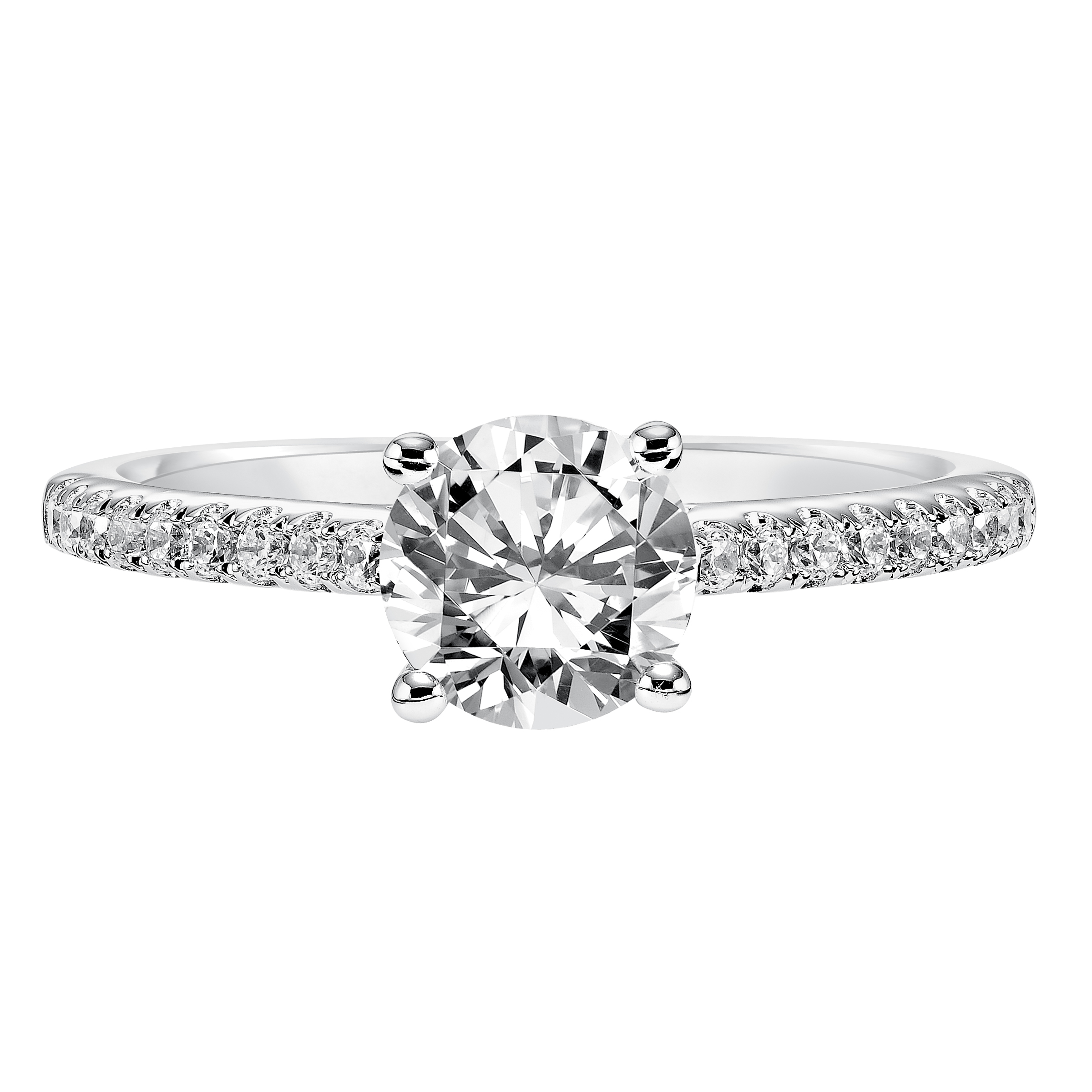 This round diamond engagement ring is simple yet gorgeous featuring a delicate diamond prong set band